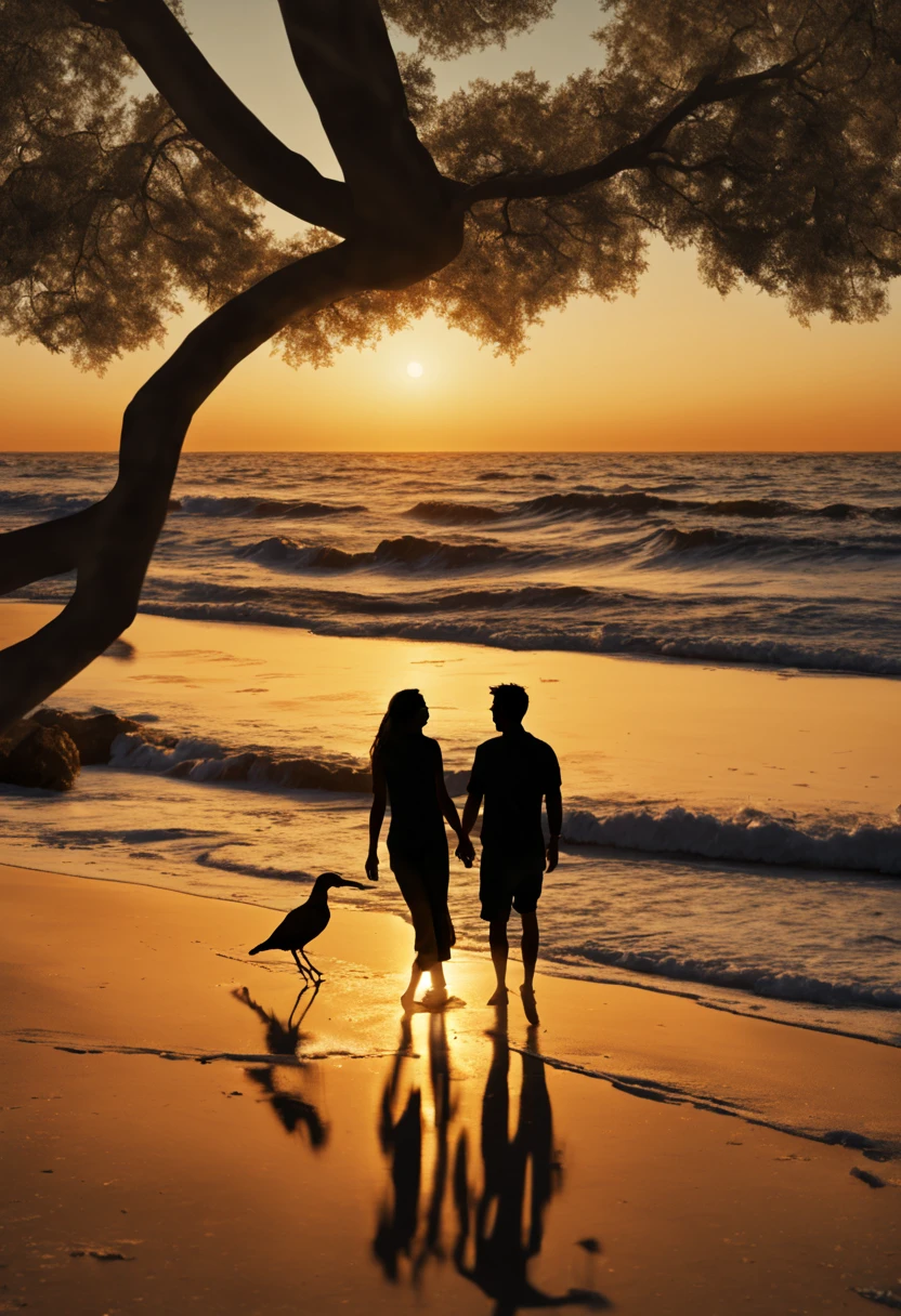 (best quality, 4k, 8k, high resolution, masterpiece: 1.2), ultra detailed, (realistic, photorealistic, photorealistic: 1.37), (Silhouette Art, 1.42), professional silhouette photography of a couple in love on the beach