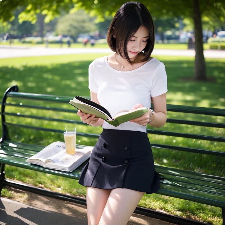 Beautiful woman reading on a park bench、Belly button look、mini skirt