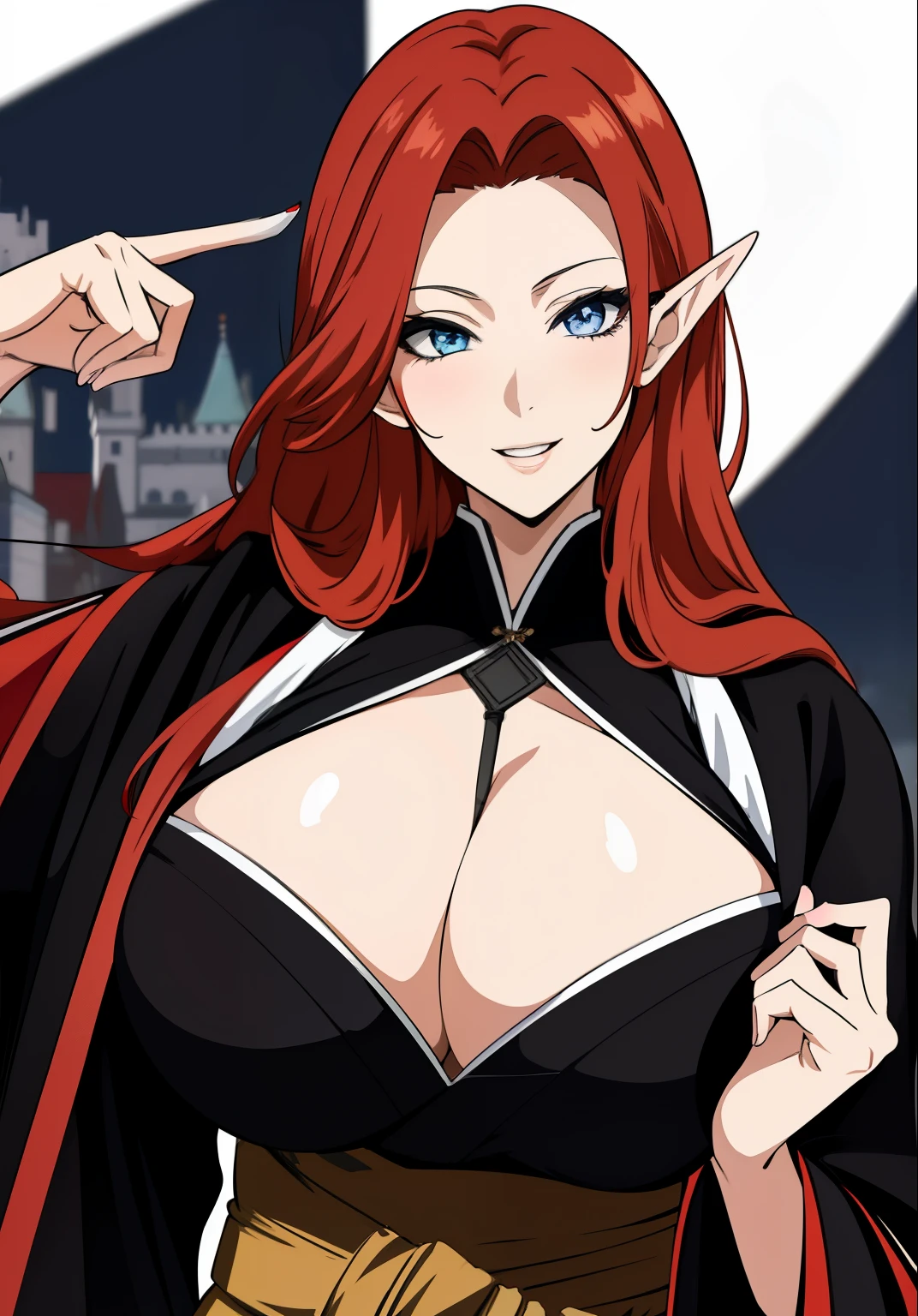 Black kimono, huge tits, busty, red hair, elf ears,  blue eyes, long hair,  detailed, masterpiece, best quality, 4K, HDR, castle, night, upperbody, smile