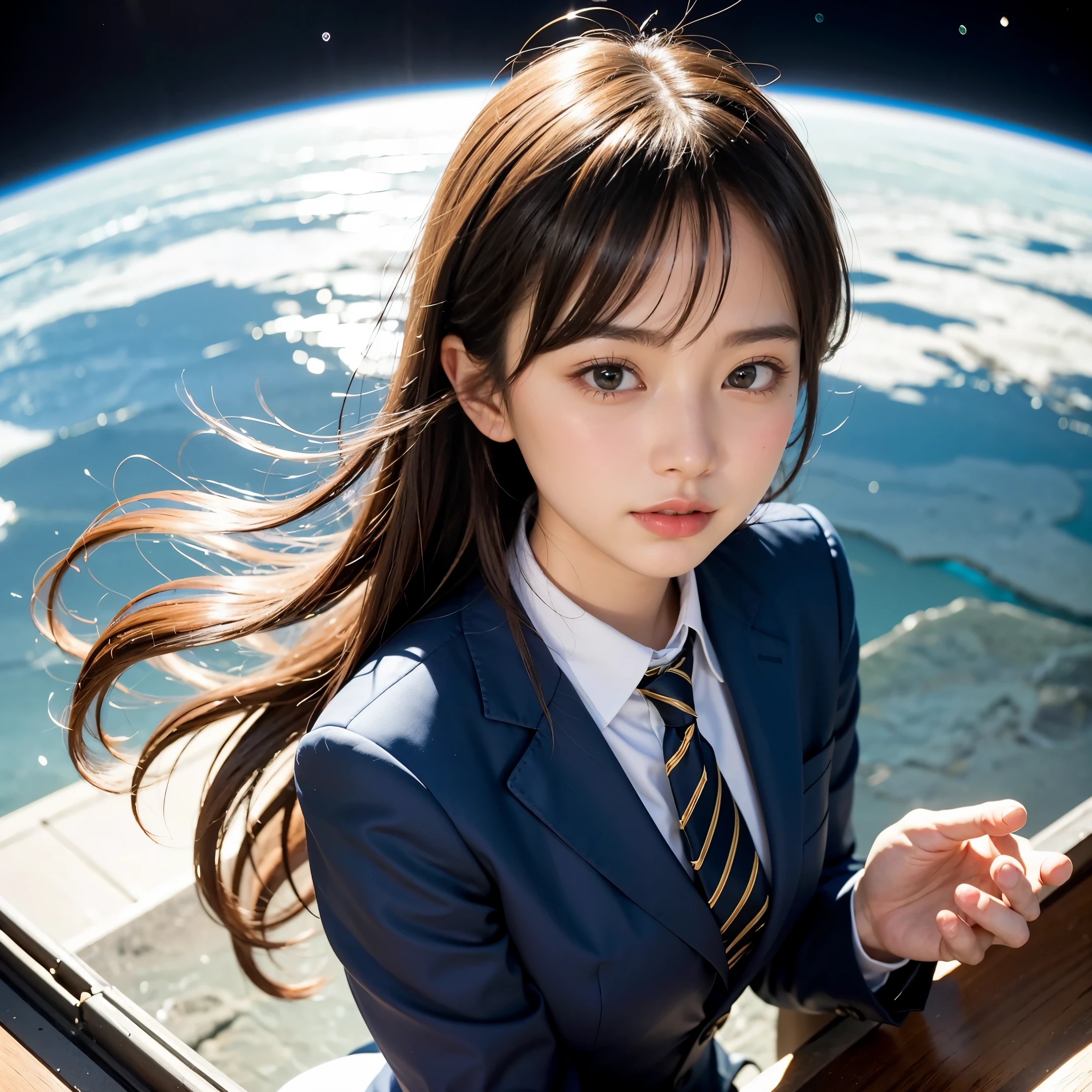 (masutepiece, best quality:1.2), 8K, Official art, Surprised expression、chest、cute、put one's hand over one's mouth、Wearing a suit、Gesture of removing tie、chestが見える、Rough image of a girl in uniform holding a globe, official artwork, portrait anime space cadet girl, with earth, girl in space, Space High School, Space Girl, planetes, Trending at CGSTATION, 太陽系外planetes, Official art, Mar Planet, beautiful anime high school girl, Sakimi-chan, planetesの隣に浮かぶ, in intergalactic japan、Five Fingers Photos'Body of, Full body Esbian、Suit Beauty、Big Dipper in the background、star explosion、A dark-hairedの美しい裸足の女性, hold a flame in your right hand、tie a tie with your right hand、Turn your face up、looking-down、cool expression、明るい溶岩の光が小planetes帯の下から壊れた地球の上に昇る(Jagged rock rocks and fragments shot into the air:1.3) (Storm of windy dust debris:1.1) Volume fogmist by trace Z、It can allow bright light from below to pass through、 (masterpiece) (highest quality) (detailed) (8K) (movie lighting) (sharp focus) (complicated)A dark-haired、14 years old、small breasts、fun、A smile、incredibly stupid, (a beauty girl, Pretty face, arching back down, Gold hair ornament on hair、wearing a suits、close up, Wearing a suit, short sleeve, Gardenia, violaceaess, spaces , Looking at viewer, Film grain, chromatic aberration, オッパイsharp focus, face light, Dynamic lighting, cinematic lighting, detailedな目と顔, (Gray tie、1 copy:1.2)