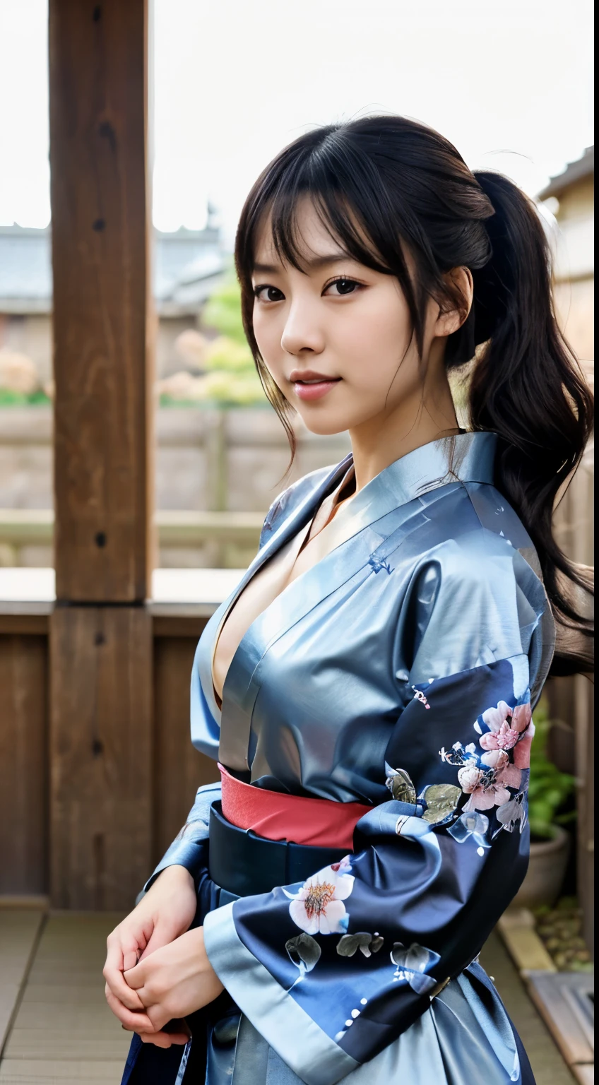 masutepiece、最high quality、high quality、best image quality、8K、最High resolution、High resolution、best quality、Raw photo、group photo、Realityな雰囲気、(detailed face)、(detailed hands、thumb１reference４)、(beauty of japan )、very nice face、cute face、((multiple girls beautiful japanese girls))、(A Japanese Lady), ((18 year old beautiful girl))、(shiny black hair)、(long straight hair)、(poneyTail)、whole body、athlete body、(shiny skin)、(fair skin, glossy skin, Glossy skin)、Realityな人の肌、Realityな人体構造、perfect body， Perfect face， perfect hands， perfect finger， perfect lips， Perfect eyes，perfect teeth、perfect background， perfect atmosphere， professional quality， perfect photo， high qualityのオクタン価レンダリング， high qualityのベクター， super detailed pussy，transparent skin，looking at camera、(Reality、Photorealsitic:1.37)、natural soft light、photon mapping、２heavy eyelids、刀を持つsamurai costumeを着た女性、samurai girl、very beautiful samurai girl、japanese warrior、Japanese sword、japanese traditional、wear samurai armor、wear kimono armor、(Himeji castle、Kumamoto Castle、Nagoya Castle)、Sengoku period、woman samurai、鋭いJapanese swordを持つ女の子、Movements that reflect the combat skills acquired as a samurai、Japanese castle in the background、((Random color metallic with floral pattern(samurai kimono、samurai costume、Hakama with slit))、You can see the cleavage from the neckline、Thighs are visible through the hakama