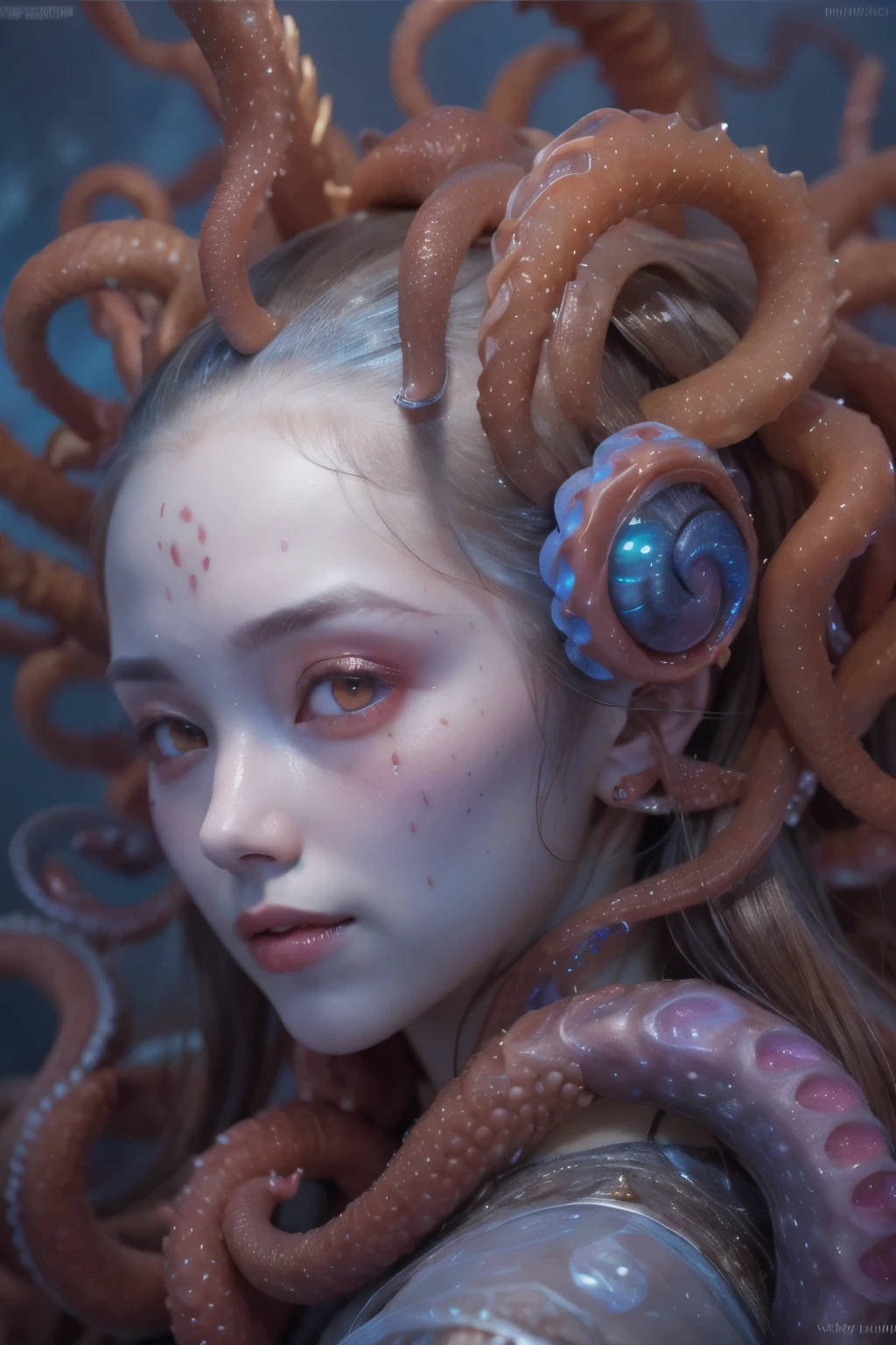 Portrait, (beautiful female alien:1.2),  (she has red eyes with no pupils:1.8), (Translucent skin:1.7),  (There is a female genital-like organ in the middle of the forehead..:1.9), (The most beautiful face in the history of the universe:1.2),an evil gaze that seduces, (large mouth:1.1), (sharp teeth like a vampire:1.2), full body portrait, (bio luminescent:1.5), (Smile wickedly:1.3),  (sexypose:1.5), alien, No humans, cells are fused, (Lots of translucent tentacles:1.3) extraterrestrial, cell, bio image, best quality, 8K,In 4K_quality, High Definition, Dramatic Lighting, masutepiece:1.5,cinematic quality, detail up, (elaborate details:1.2), high resolution, High Definition, drawing faithfully, (Thick eyebrows:1.2), Beautiful eyes with fine symmetry,(Highly detailed face and eyes:1.2), Intimate face, (Super detailed skin quality feeling:1.4), perfect anatomy,  (Beautiful toned body:1.5),  (Moist skin:1.2), No makeup, (dark circles:1.1), long canines, cinematic drawing of characters, ultra high quality model, cinematic quality, detail up, (elaborate details:1.2), high resolution, High Definition, drawing faithfully, official art, Unity 8K Wall  , 8K Portrait, best quality, Very high resolution, ultra detailed artistic photography, midnight aura,  unreal enginee 5, Ultra Sharp Focus, art by alberto seveso, ArtGerm, Roisch, intricate artwork, best quality, masutepiece, ultra high resolution, (photos realistic:1.4), ultra realistic realism, dream-like,  rainbow colored nautilus, Creation of fantasy, Snail, Dream Snail,  (Biopunk Nautilus:1.3), Thrilling color schemes， ultra realistic realism， seductively smiling, Blue tentacles,