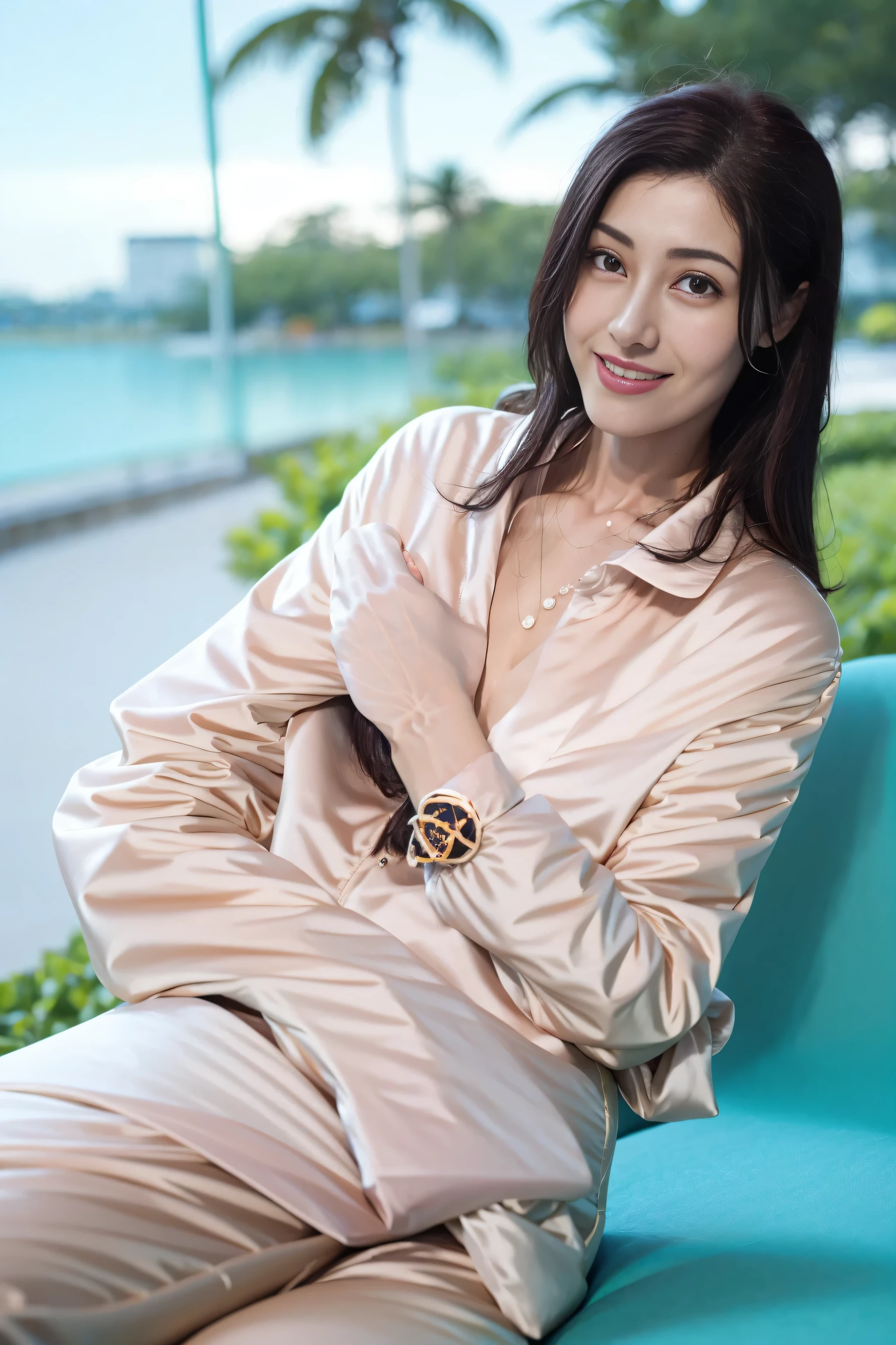 fashion model 18 years old， [[[[close up]]]], [[[[rapeseed]]]], [[[[Shoulder]]]], perfect eyes, perfect iris，perfect lips，perfect teeth，perfect skin，White skin，high dynamic range，movie girl，(((plum)))，(delicated face)，(HD facial set)))，(((obscene exposure)))，(((a white bikini)))，(((big deal胸)))，(((big deal)))，(((Beach in the background)))，((legs apart))，((beach chair))，(Coconut trees and palm trees)，((A smile of excitement and satisfaction on his face))，((Sexy and charming expression))，((looking at the audience))，4K Ultra HD, ultra high resolution, (realistically: 1.4), best quality，tmasterpiece，（pastel colors：1.2)