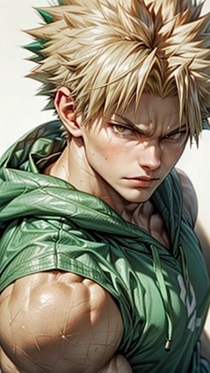 1boy muscular rugged age 25 bakugou katsuki , (oversized hoodie of aqua green and white colour, shaded as half aqua, half green) , (), (yellow blonde hair that have gradient red hair :1.2), ((brown eyes)), hyperdetailed, best quality, ultra-detailed, white background, simple background