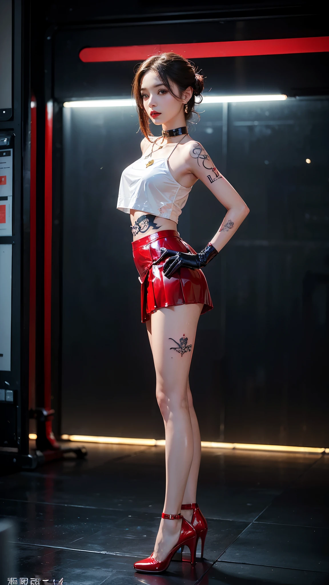 ((masterpiece:1.4)、(highest quality:1.4)、(reallistic:1.7))、masuter piece:1.4、(Finest rendering:1.4)、(Female SWAT member of the 73rd Division of the Space Federation:1.4)、Super beautiful捜査官、(By Luis Royo:1.4)、(hold a gun:1.2)、Body Fit Sexy Uniform、(Luxurious shiny latex:1.4)、(Navy blue sleeveless uniform jacket)、(Underwear White Sexy Super Ultra Bikini)、(Luxury Red Latex:1.4)、(Red pleated mini skirt:1.4)、22year old、(cute tattoo:1.4)、(Wearing white gloves)、Kawaii Girl、Super beautiful、sharp focus、Portrait photos、(Perfect female body:1.4)、perfect proportions、Upper body photography:1.4、beautiful face、Fearless look、beautiful eyes、narrow waist、beautiful feet、(length hair:1.2)、beautiful breasts、big breasts:1.2、sexy butt、(Standing facing the front:1.4)、Raw photo、red-lips、red high heels:1.4、a choker:1.4、necklace:1.4、earrings:1.4、1 screen display、Beautiful night view of Cyberpunk City:1.2