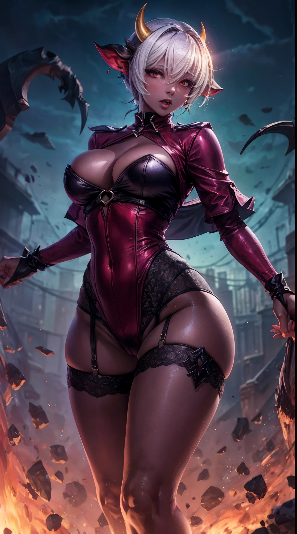 50 year old, succubi, glowing skin, luminous red eyes:1.3), Hell background, (colored skin:1.1), cow boy shot, legs spread wide open, busty, curvy hips, highleg see through mesh panties, sexual provocateur, erotic posed