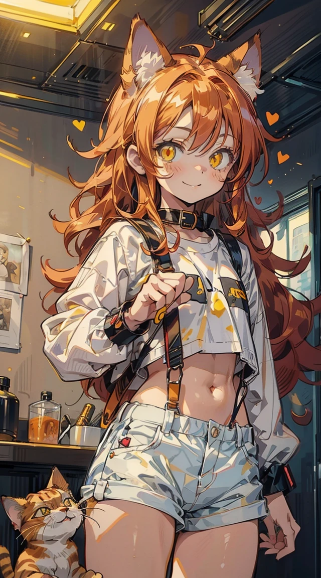 masutepiece,Best Quality,Insanely detailed,1 cute **** girl ,(8years old:1.3),Smile,(red wavy messy hair,Long hair:1.3),(Yellow cat eyes ,Cat ears:1.3),White T-shirt,suspenders,Hot Pants,bare navel,Stomach,(Abs:0.8),one-handed paw pose,livingroom,(Spoken Heart:1.2),Hyper realistic, Perfect Anatomy, Perfect five fingers,amazing,superfine illustration