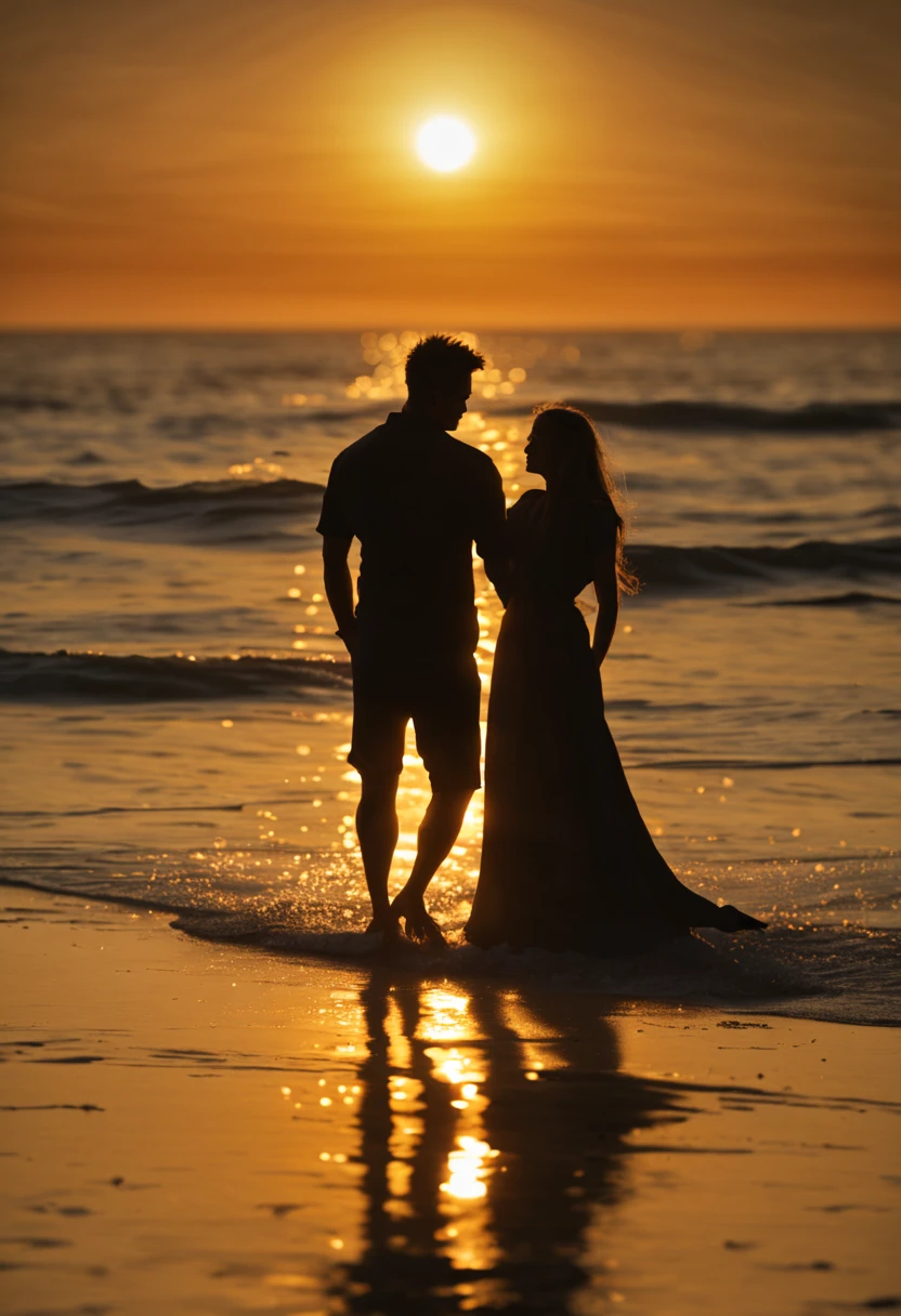 (mejor calidad, 4k, 8k, high resolution, obra maestra: 1.2), ultra detallado, (realista, fotorrealista, fotorrealista: 1.37),(Silhouette Art,1.42),fotografia profesional,primer plano de la silueta de una pareja de enamorados en la playa
