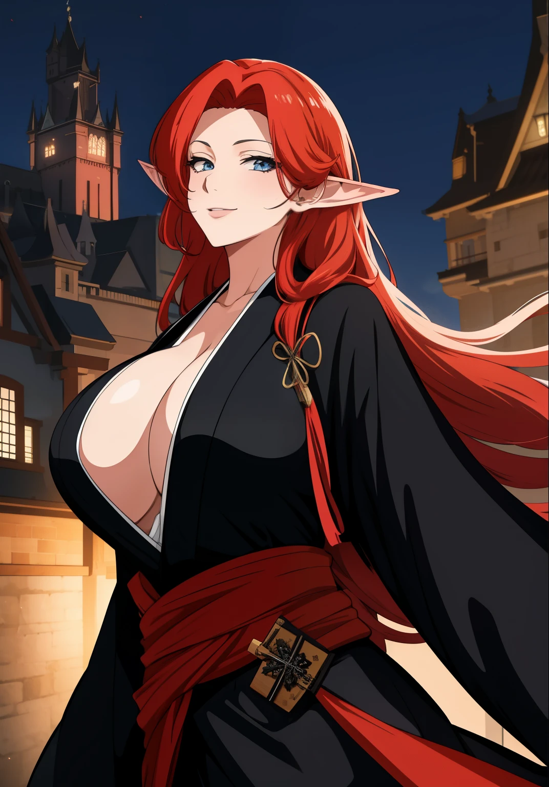 Black kimono, huge tits, busty, red hair, elf ears,  blue eyes, long hair,  detailed, masterpiece, best quality, 4K, HDR, castle, night, upperbody, smile