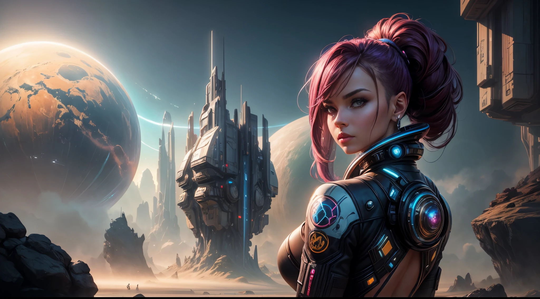 a woman in a futuristic suit standing in front of a planet, cyberpunk art inspired by Marek Okon, cgsociety contest winner, fantasy art, wojtek fus, beautiful sci fi art, portrait anime space cadet girl, scifi woman, cyborg goddess in cosmos, epic sci - fi character art, epic sci-fi character art, artgerm julie bell beeple