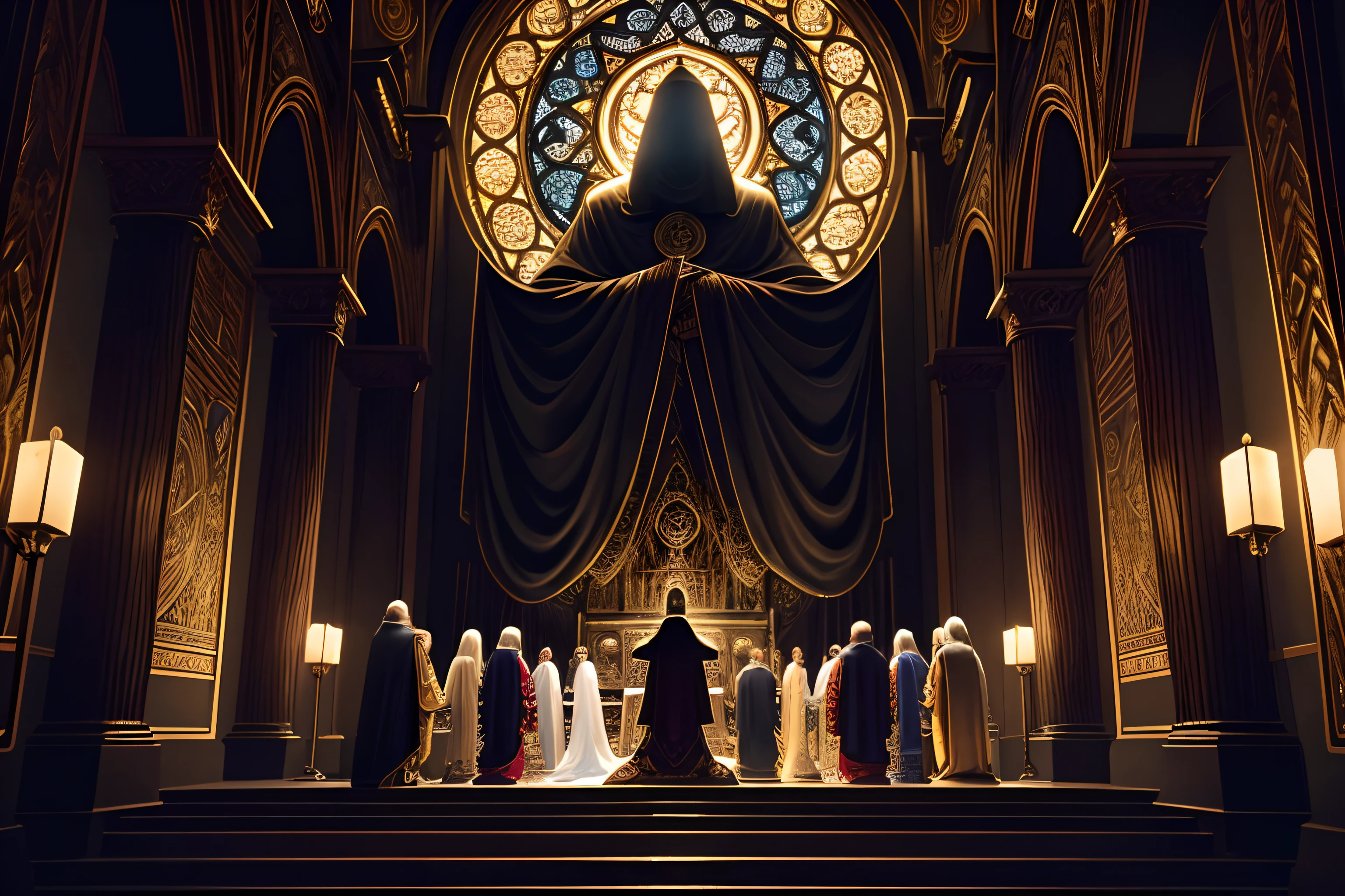 stunning illustration of a group of people, dressed in ornate robes, kneeling in prayer around a sinister evil_god statue of a malevolent deity in a dark, every crevice and shadow expertly rendered in high resolution. juxtaposition of the eerie atmosphere, sacred ritual creates a sense of unease and reverence. use of various techniques, eerie glow, crease expertly captured in highly resolution. extremely detailed, insanely detailed, intricately detailed, insane details, exquisite detail, divine possession texture, hauntingly beautiful, beautiful detailed glow, true masterpiece,