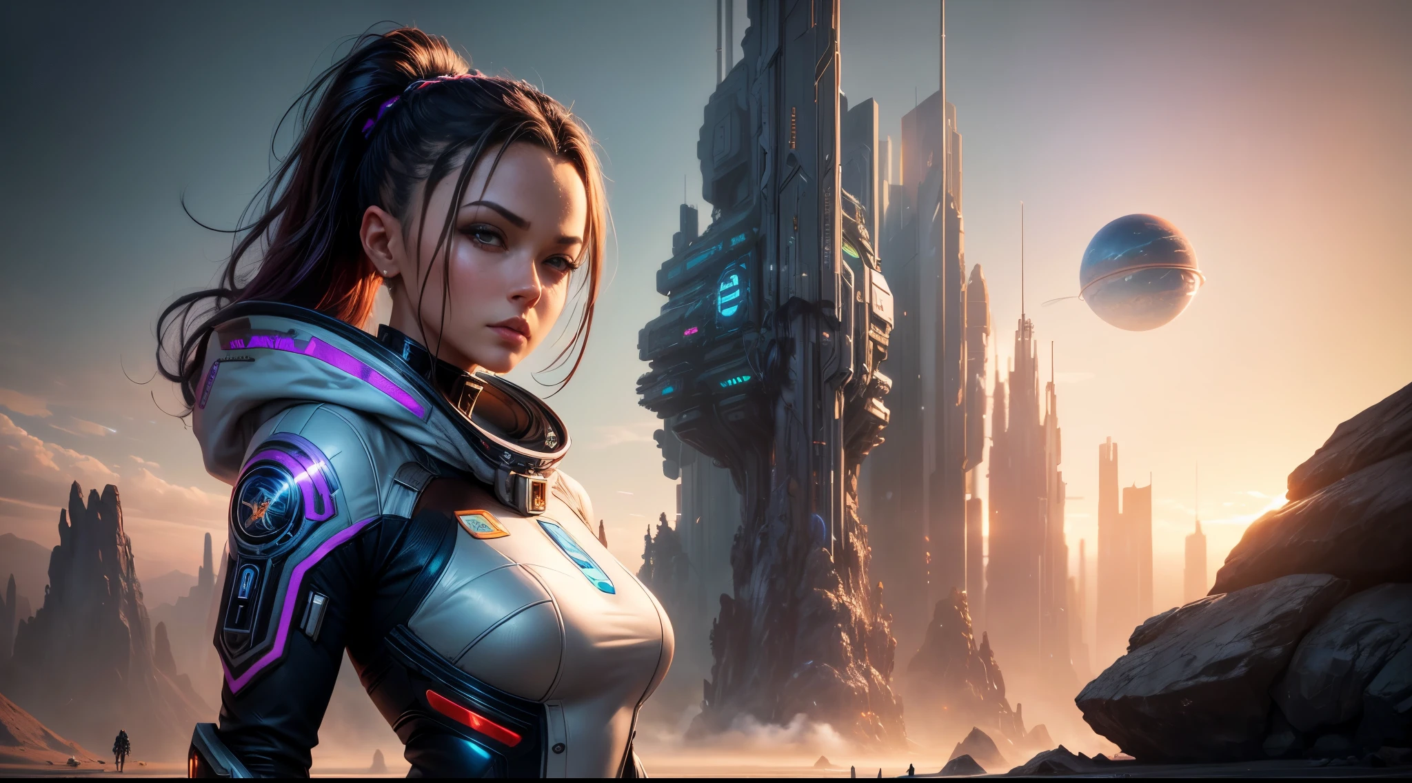 a woman in a futuristic suit standing in front of a planet, cyberpunk art inspired by Marek Okon, cgsociety contest winner, fantasy art, wojtek fus, beautiful sci fi art, portrait anime space cadet girl, scifi woman, cyborg goddess in cosmos, epic sci - fi character art, epic sci-fi character art, artgerm julie bell beeple