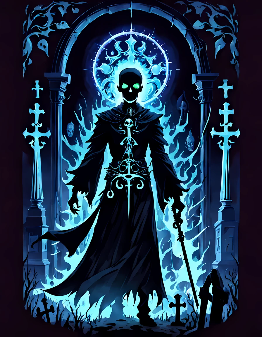 (((black light poster))), ((mesmerizing glowing silhouette with floating runes)), (((sly smile))), create a fascinating and mystical image ((side view of the body of the legendary necromancer)), aura of power and wealth, ((ethereal necromantic flames in the background of the cemetery)), skeletons, ((floating toxic skulls)), More_Detail