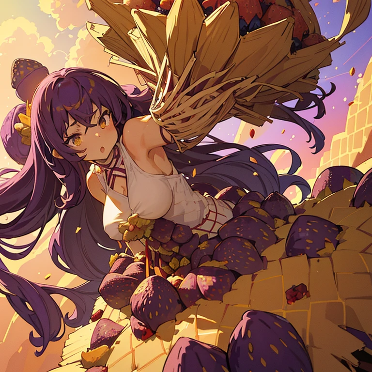 A girl with long afro hair flying low in the air covered in boiling large strawberry cake armor serving a large purple potato jam、amazing dynamism、amazing angle、unstable buoyancy sandstorm、(((Lots of friendly oversized dried fruit cubes chase with liquefied anti-gravity)))、((surround each other'extra large lattice straw))、