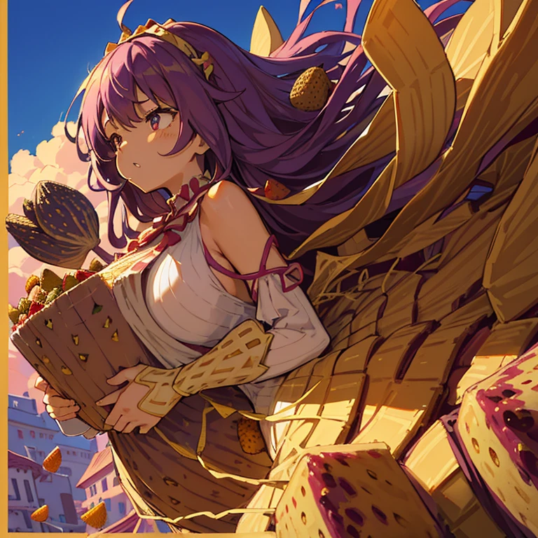 A girl with long afro hair flying low in the air covered in boiling large strawberry cake armor serving a large purple potato jam、amazing dynamism、amazing angle、unstable buoyancy sandstorm、(((Lots of friendly oversized dried fruit cubes chase with liquefied anti-gravity)))、((surround each other'extra large lattice straw))、
