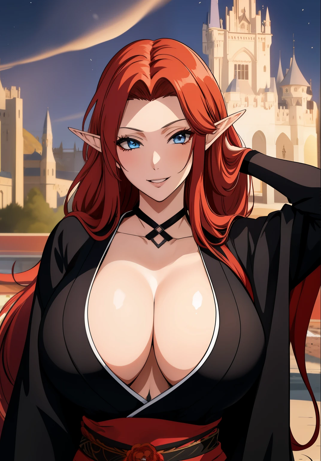 Black kimono, huge tits, busty, red hair, elf ears,  blue eyes, long hair,  detailed, masterpiece, best quality, 4K, HDR, castle, night, smile, close up face