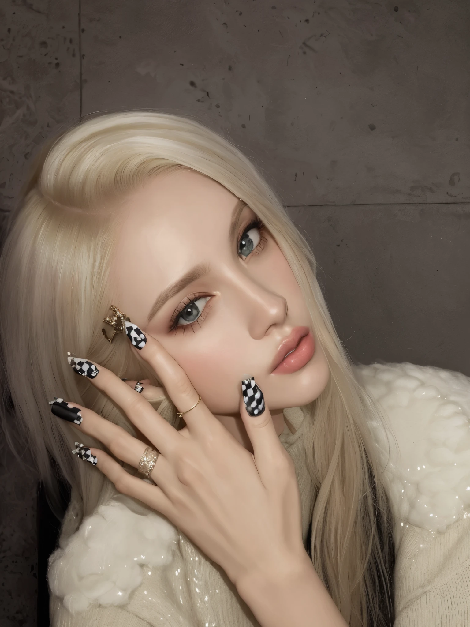 blonde woman with black and white nails and a white sweater, com cabelos longos brancos, ava max, com longos cabelos brancos, parque roseanne de blackpink, unhas compridas, 8 0 tabuleiro de xadrez 6 6 6, unhas compridas,  perfeita de cabelos brancos, rosto bonito de cabelo branco, [ foto realista ]!!, com dedo indicador, cabelo espetado xadrez, cl