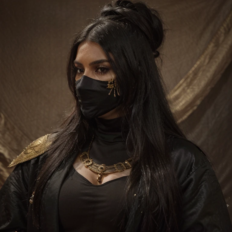"Kim Kardashian, pirate Captain, beautiful, tattoo, face mask, big fur, wearing Full Black Silk suit with Gold accents, dark eyes, dark imca background , intricate details, cinematic lighting, photo realistic, close-up portrait, Realism, Realistic, Dark Art, dark gold background, 8k, designed by H.R. Giger, Jimmy Nelson”