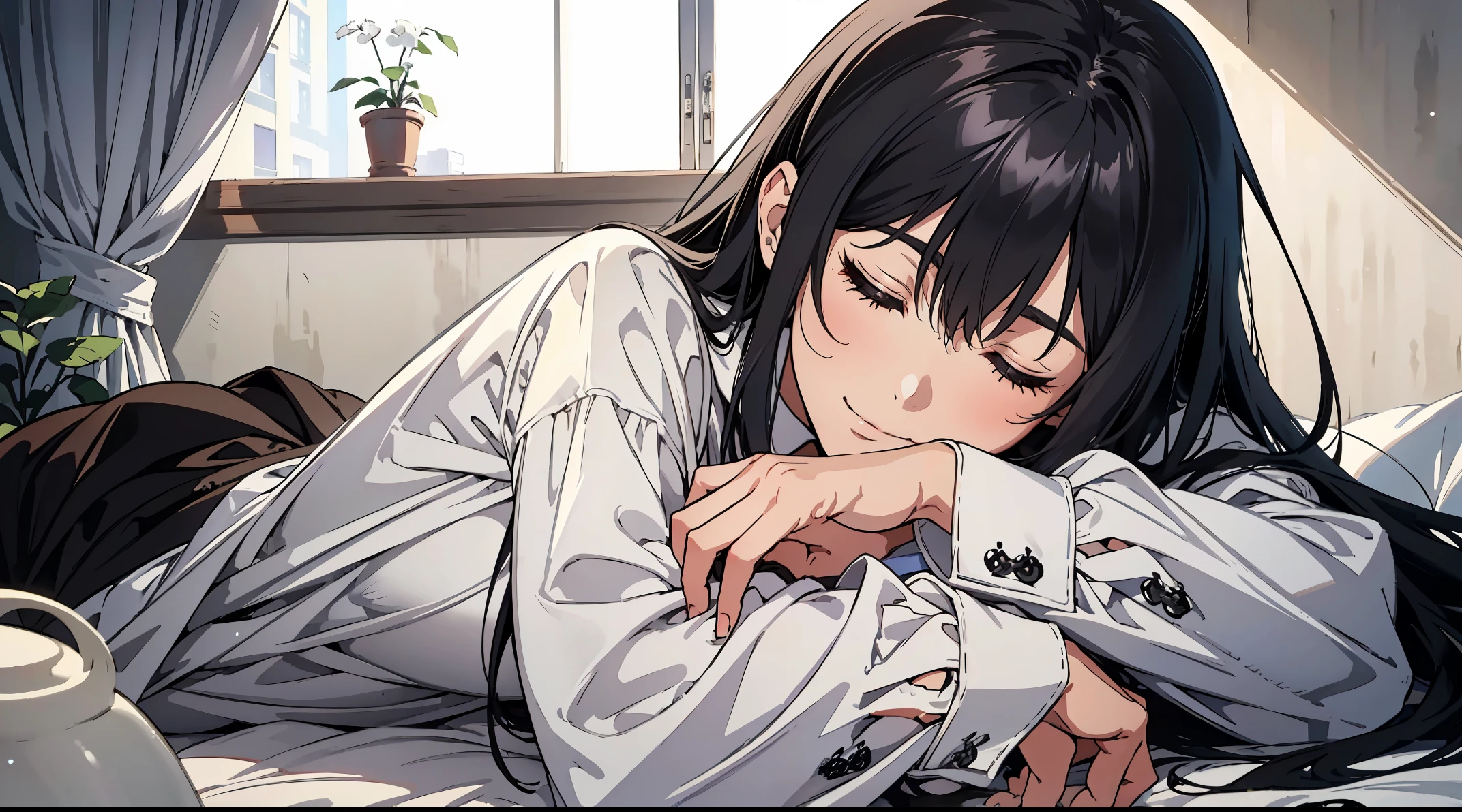 beautiful face, Black long hair, Pretty Girl ,white long sleeve dress shirt, the anime, 1 girl sleeping, slightly smile, Shinkai Makoto, Close your eyes completely, In a room in the city, 1 woman