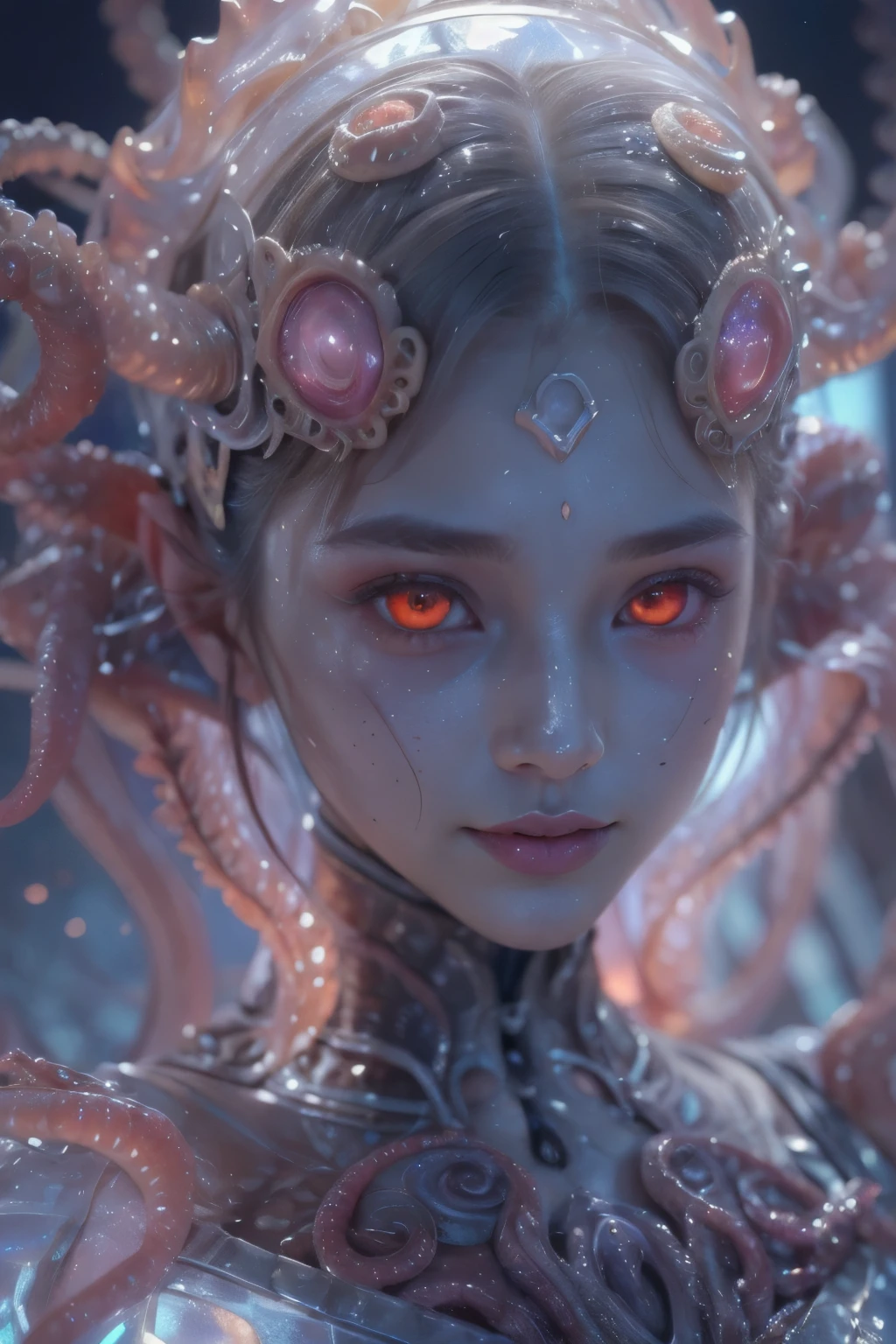 Portrait, (beautiful female alien:1.2), (she has red eyes with no pupils:1.8), (Translucent skin:1.7), (There is a female genital-like organ in the middle of the forehead..:1.9), (The most beautiful face in the history of the universe:1.2),an evil gaze that seduces, (large mouth:1.1), (sharp teeth like a vampire:1.2), full body portrait, (bio luminescent:1.5), (Smile wickedly:1.3), (sexypose:1.5), alien, No humans, cells are fused, (Lots of translucent tentacles:1.3) extraterrestrial, cell, bio image, best quality, 8K,In 4K_quality, High Definition, Dramatic Lighting, masutepiece:1.5,cinematic quality, detail up, (elaborate details:1.2), high resolution, High Definition, drawing faithfully, (Thick eyebrows:1.2), Beautiful eyes with fine symmetry,(Highly detailed face and eyes:1.2), Intimate face, (Super detailed skin quality feeling:1.4), perfect anatomy, (Beautiful toned body:1.5), (Moist skin:1.2), No makeup, (dark circles:1.1), long canines, cinematic drawing of characters, ultra high quality model, cinematic quality, detail up, (elaborate details:1.2), high resolution, High Definition, drawing faithfully, official art, Unity 8K Wall , 8K Portrait, best quality, Very high resolution, ultra detailed artistic photography, midnight aura, unreal enginee 5, Ultra Sharp Focus, art by alberto seveso, ArtGerm, Roisch, intricate artwork, best quality, masutepiece, ultra high resolution, (photos realistic:1.4), ultra realistic realism, dream-like, rainbow colored nautilus, Creation of fantasy, Snail, Dream Snail, (Biopunk Nautilus:1.3), Thrilling color schemes, ultra realistic realism, seductively smiling, Blue tentacles,