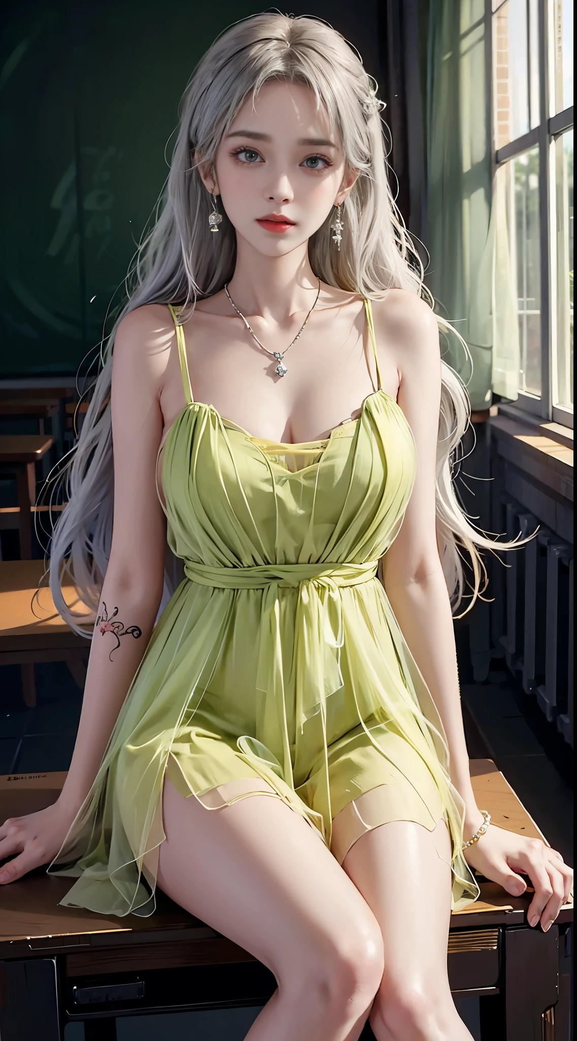 Sweet girl clothes9,yellow dress,, ((knee shot)), Close up, In the classroom, sitting on the desk, beautiful girl college student, masterpiece, light makeup, red lips, silver hair, messy long hair, beautiful, elegant. Ultra-fine details, master works, real texture, cinematic lighting realism, perfect work, 8k, HD, exquisite facial features, slim figure, bright big eyes, smooth skin, earrings, necklace, tattoos