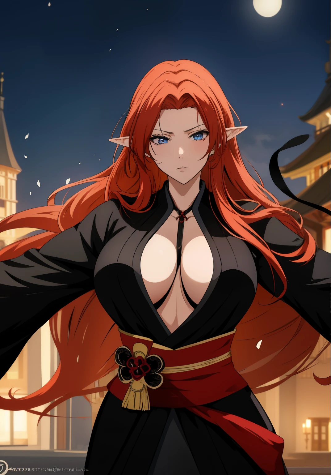 Black kimono, busty, red hair, elf ears,  blue eyes, long hair,  detailed, masterpiece, best quality, 4K, HDR, castle, night, emotionlessclose up face