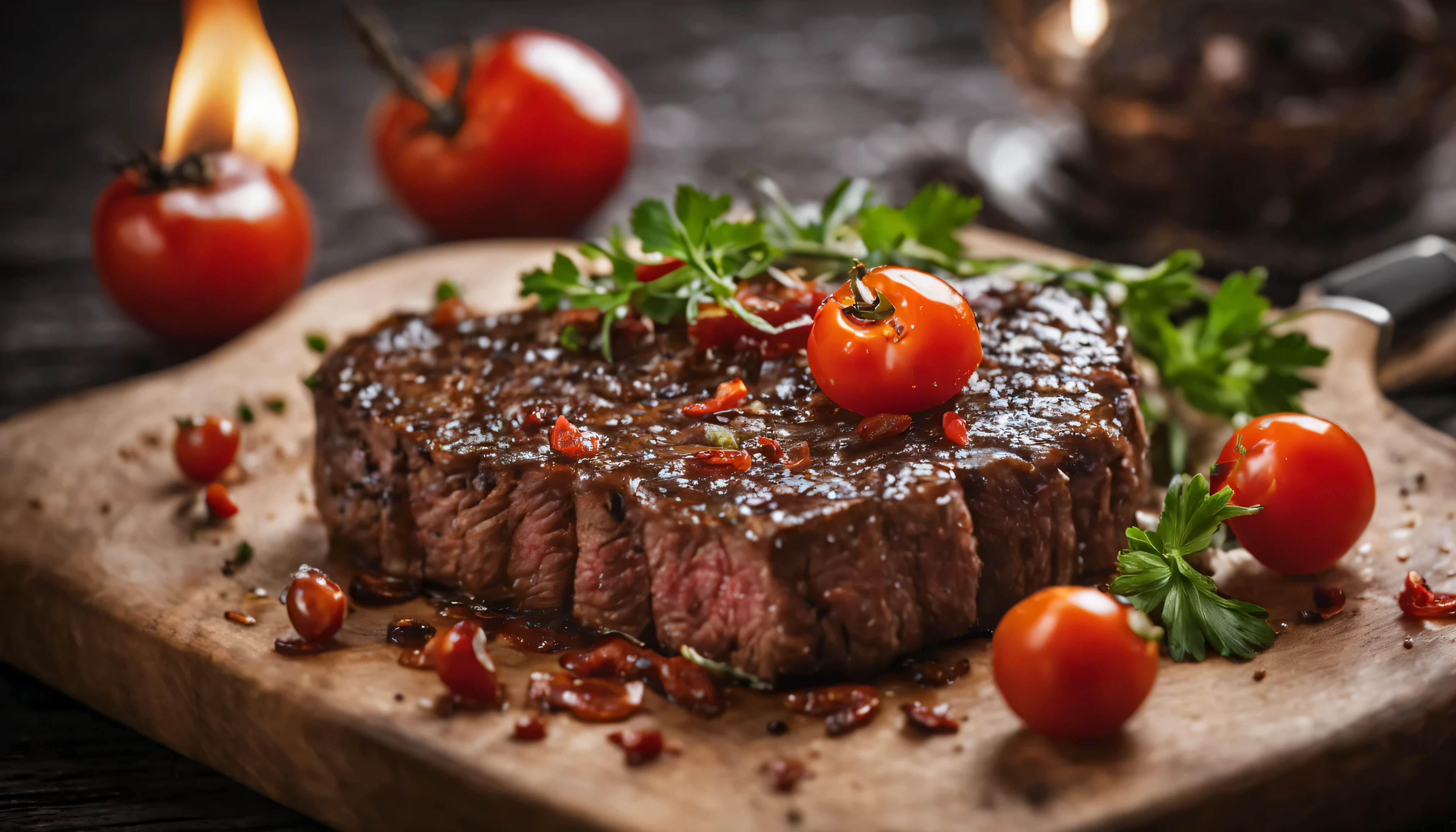 realistic images, Various sauce particles of medium beef steak on wooden cutting board, Onion slices on the side, Cherry tomato, small dried tomatoes, parsley slices, Forks and knives are neatly organized., Focus on the front of the steak, The rest is out of focus., dark. in the background, Old oil lamp in the background is blurred (The light is on).