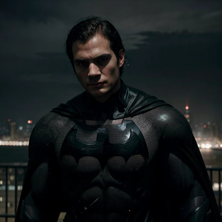 Henry Cavill as Batman. High quality. Gotham city in the background. Grim face. Resolute stance.