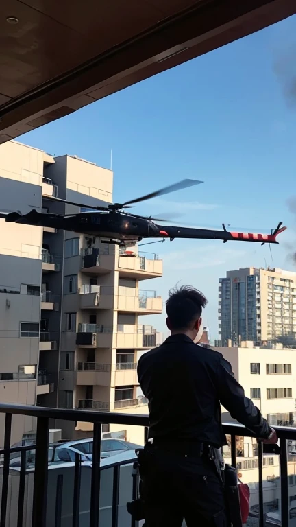 helicopter，bomber，Residential building，There is smoke，Fighting with swords and guns