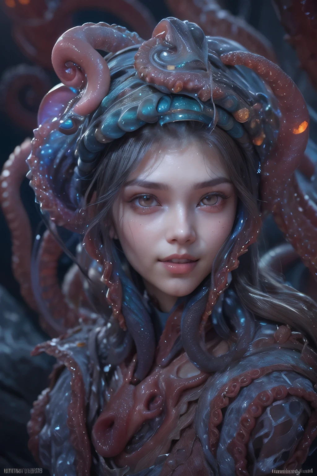 (best quality,4k,8k,highres,masterpiece:1.2),ultra-detailed,(realistic,photorealistic,photo-realistic:1.37),painting,concept artists,vivid colors,horror,erotic illustrations,erotic,portrait,anime,studio lighting,sharpfocus,long hair,cute smile,intense gaze,fabric texture,dark atmosphere,tentacles,creature from the depths,color palette,soft lighting,subtle shadows,highlight rim lighting,ethereal glow,captivating eyes,instense emotions,expressive facial features,enchanting beauty,sensual lingerie,gentle pose,artistic composition,beautifully rendered,breathtaking,narrative storytelling,ominous mood,surreal,imagination,unsettling,powerful,visual impact,haunting imagery,eye-catching,provocative.