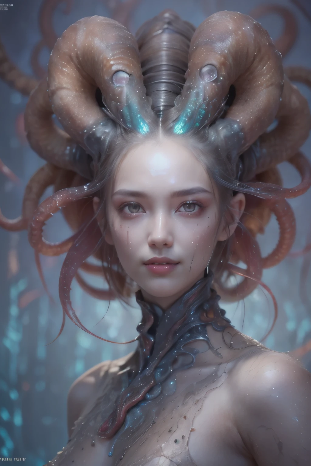 Portrait, (beautiful female alien:1.2), (she has red eyes with no pupils:1.8), (Translucent skin:1.7), (There is a female genital-like organ in the middle of the forehead..:1.9), (The most beautiful face in the history of the universe:1.2),an evil gaze that seduces, (large mouth:1.1), (sharp teeth like a vampire:1.2), full body portrait, (bio luminescent:1.5), (Smile wickedly:1.3), (sexypose:1.5), alien, No humans, cells are fused, (Lots of translucent tentacles:1.3) extraterrestrial, cell, bio image, best quality, 8K,In 4K_quality, High Definition, Dramatic Lighting, masutepiece:1.5,cinematic quality, detail up, (elaborate details:1.2), high resolution, High Definition, drawing faithfully, (Thick eyebrows:1.2), Beautiful eyes with fine symmetry,(Highly detailed face and eyes:1.2), Intimate face, (Super detailed skin quality feeling:1.4), perfect anatomy, (Beautiful toned body:1.5), (Moist skin:1.2), No makeup, (dark circles:1.1), long canines, cinematic drawing of characters, ultra high quality model, cinematic quality, detail up, (elaborate details:1.2), high resolution, High Definition, drawing faithfully, official art, Unity 8K Wall , 8K Portrait, best quality, Very high resolution, ultra detailed artistic photography, midnight aura, unreal enginee 5, Ultra Sharp Focus, art by alberto seveso, ArtGerm, Roisch, intricate artwork, best quality, masutepiece, ultra high resolution, (photos realistic:1.4), ultra realistic realism, dream-like, rainbow colored nautilus, Creation of fantasy, Snail, Dream Snail, (Biopunk Nautilus:1.3), Thrilling color schemes, ultra realistic realism, seductively smiling, Blue tentacles,