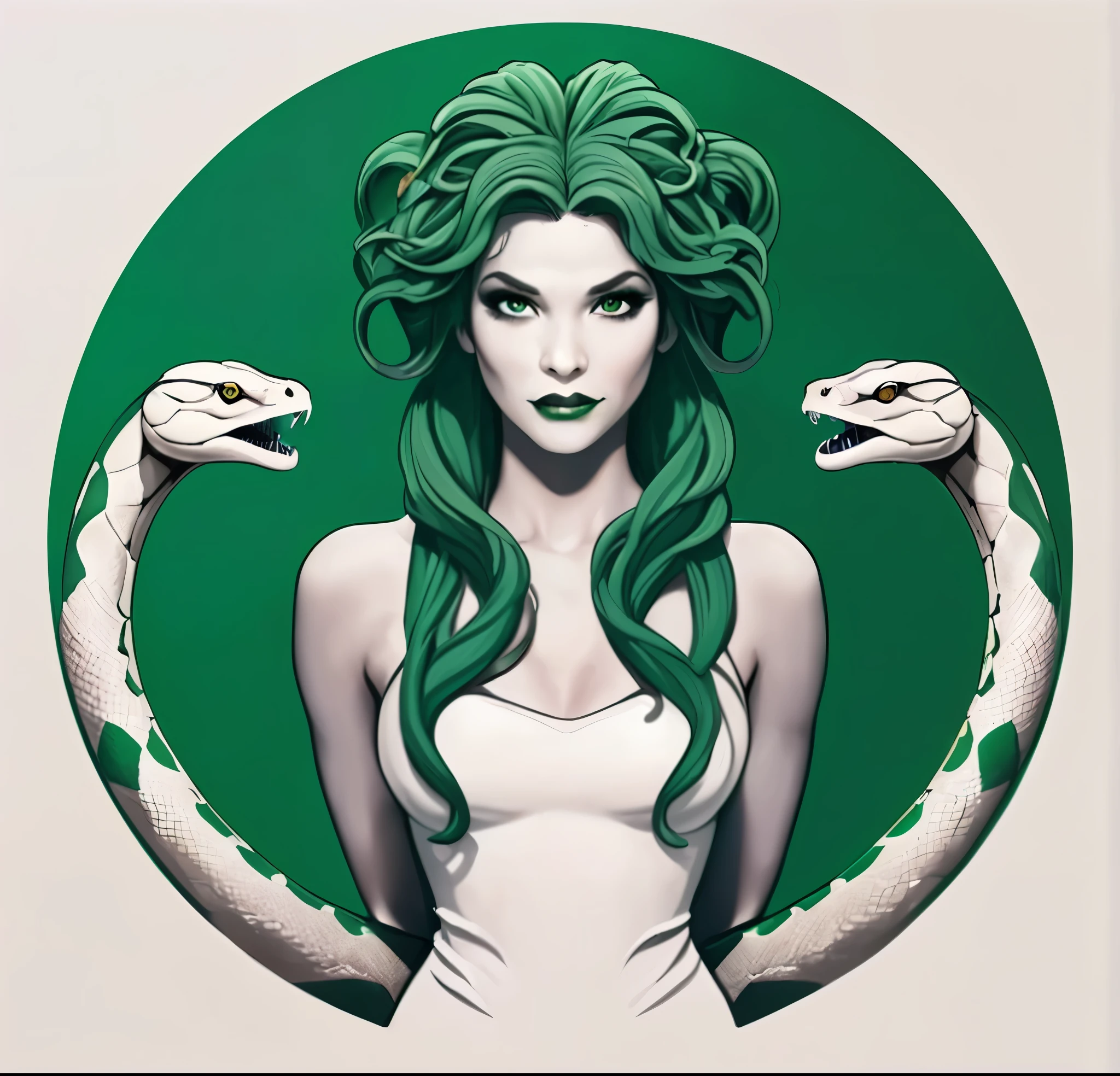 (best quality,4k,8k,highres,masterpiece:1.2),ultra-detailed,realistic(wendy's style:1.37),Medusa logo with snake hair,beautiful detailed eyes,beautiful detailed lips,extremely detailed eyes and face,longeyelashes,snakes coiled around the head,snake scales in vibrant colors,scales shimmering in the light,glowing red eyes,pale skin with a slight green tint,writhing snakes emerging from the hair,snakes twisted into intricate braids,snakes hissing with open mouths,snakes with forked tongues,snakes scales with a glossy texture,sharp fangs ready to strike,fierce and menacing expression,sleek and modern logo design,stylized Wendy's colors and fonts,dark and mysterious atmosphere,subtle lighting highlighting the logo,dynamic composition with a sense of movement,emphasis on the intricate details,rich color palette with deep greens and reds,highly defined textures and shading,attention to hair strands and individual scales,smooth and flawless rendering,professional and polished appearance