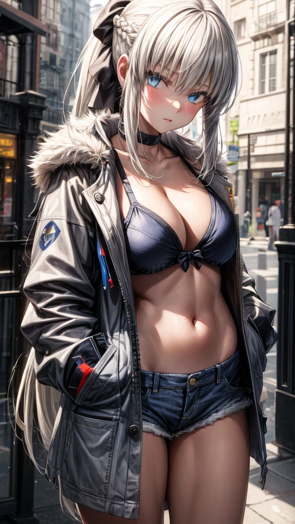 (Enrich the picture,Masterpiece level quality)Beautiful 8K CG artwork,1girl,solo,morgan le fay (fate),detailed face, perfect face, perfect eyes,blue eyes,Long Hair, pony tail,Very long hair, big boob, black bow,Hair Bow, thights,side locks, French braid, grey hair,chuckle,Slim and soft,big breasts,Black Bikini,denim short shorts,open shorts,oversized white fur coat,white coat,(((((hands in pocket,)))))combat boots,