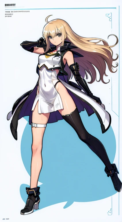 (((Best Quality))) , ((full body)), female, character design, solo, (white background), holding weapon, gloves, waist armor, thigh high, side slit trench skirt, blue, orange, green, violet, brown, white, colorful outfit, vest, bare arms, bareback, tactical vest, Bust Bodice,