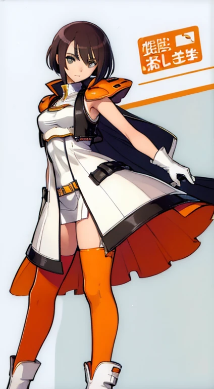 (((Best Quality))) , ((full body)), female, fantasy character design, solo, (white background), holding axe, gauntlets, waist armor, thigh high, side slit trench skirt, blue, orange, green, violet, brown, white, tactical vest, leotard,