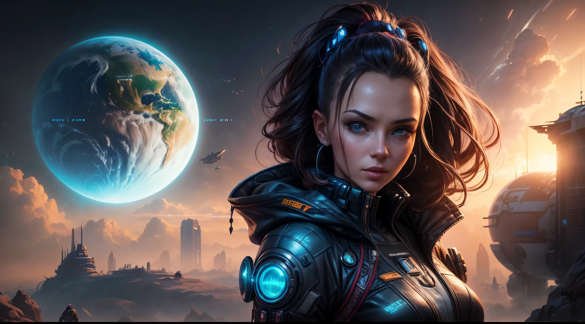 a woman in a futuristic suit standing in front of a planet, cyberpunk art inspired by Marek Okon, cgsociety contest winner, fantasy art, wojtek fus, beautiful sci fi art, portrait anime space cadet girl, scifi woman, cyborg goddess in cosmos, epic sci - fi character art, epic sci-fi character art, artgerm julie bell beeple