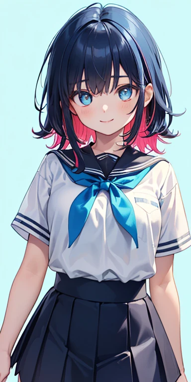 , (short　colorful fluorescence multicolored  hair:1.5,messy hair:1.5), (masterpiece, sidelights, exquisite beautiful eyes: 1.5), masterpieceportrait, realistic, {(colorful and cute background:1.5)},3D face,(cute face),front view: 1.6、 (glowing blue eyes:1.2),plump face:1.5,(tareme:1.5)、(seductive smile:1.2),Rosy Mouth,Slim Body, shiny hair, shiny skin: 1.5、medium breasts,、solo,colorful,(stand)、(high school girl school uniform)、(charactor focus:1.5、portlate、cowboy shot),