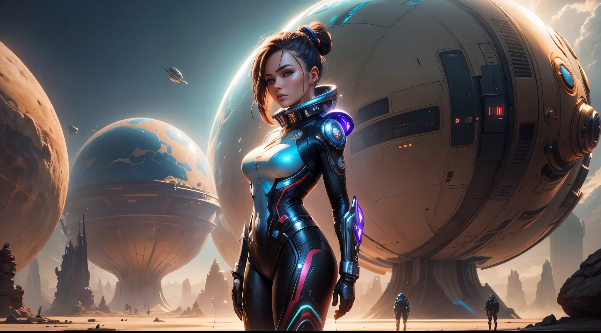 a woman in a futuristic suit standing in front of a planet, wojtek fus, beautiful sci fi art, portrait anime space cadet girl, scifi woman, cyborg goddess in cosmos, epic sci-fi character art, epic sci - fi character art, artgerm julie bell beeple, sci-fi fantasy art, dreamy cyberpunk girl, epic scifi character art