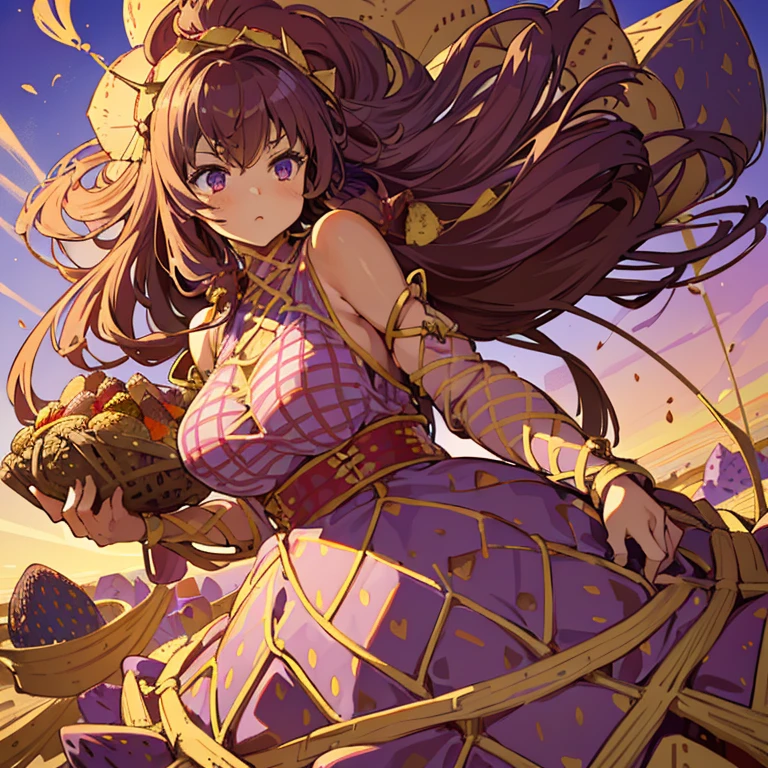 A girl with long afro hair flying low in the air covered in boiling large strawberry cake armor serving a large purple potato jam、amazing dynamism、amazing angle、unstable buoyancy sandstorm、(((Lots of friendly oversized dried fruit cubes chase you in a floating check pattern)))、((surround each other'extra large lattice straw))、