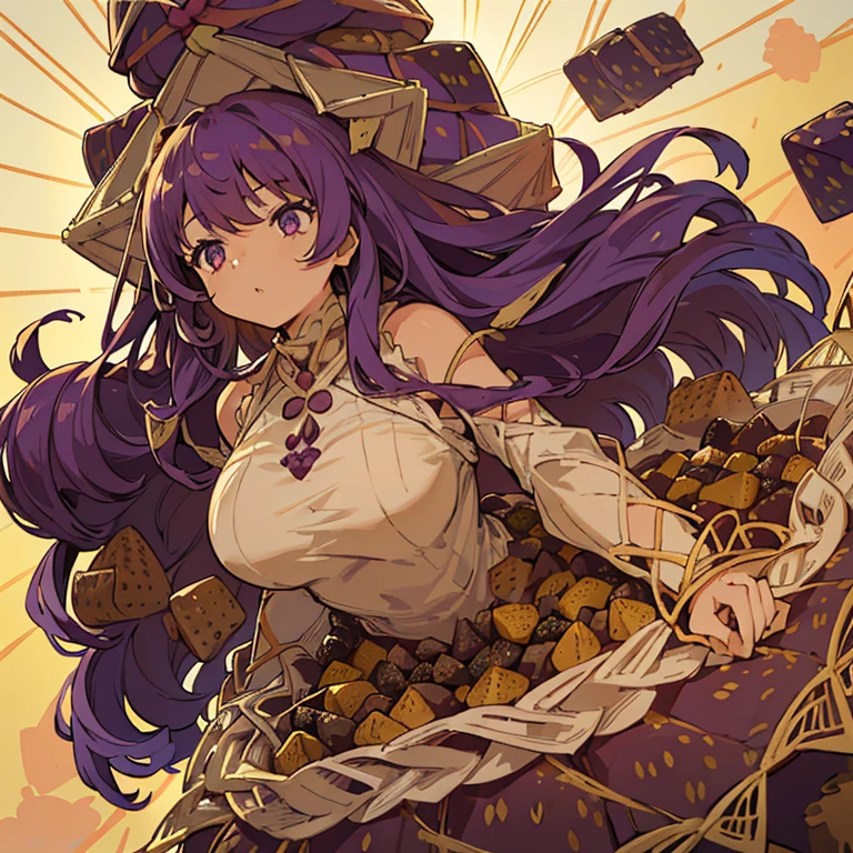 A girl with long afro hair flying low in the air covered in boiling large strawberry cake armor serving a large purple potato jam、amazing dynamism、amazing angle、unstable buoyancy sandstorm、(((Lots of friendly oversized dried fruit cubes chase you in a floating check pattern)))、((surround each other&#39;extra large lattice straw))、