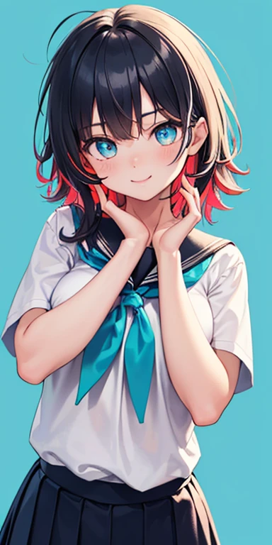 , (short colorful fluorescence multicolored hair:1.5,messy hair:1.5), (masterpiece, sidelights, exquisite beautiful eyes: 1.5), masterpieceportrait, realistic, {(colorful and cute background:1.5)},3D face,(cute face),front view: 1.6、 (glowing blue eyes:1.2),plump face:1.5,(tareme:1.5)、(seductive smile:1.2),Rosy Mouth,Slim Body, shiny hair, shiny skin: 1.5、medium breasts,、solo,colorful,(stand)、(high school girl school uniform)、(charactor focus:1.5、portlate、cowboy shot),