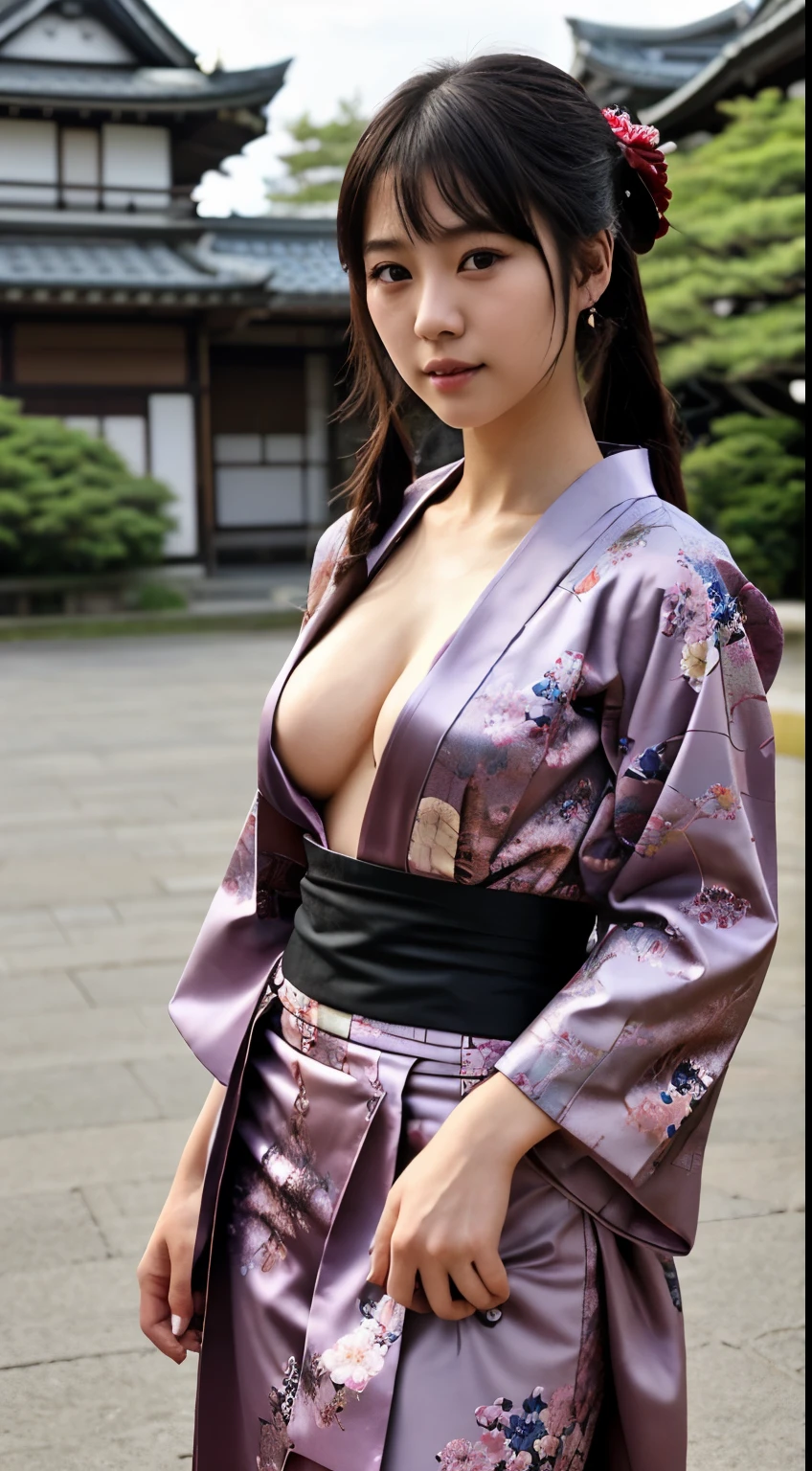 masutepiece、最high quality、high quality、best image quality、8K、最High resolution、High resolution、best quality、Raw photo、group photo、Realityな雰囲気、(detailed face)、(detailed hands、thumb１reference４)、(beauty of japan )、very nice face、cute face、((multiple girls beautiful japanese girls))、(A Japanese Lady), ((18 year old beautiful girl))、(shiny black hair)、(long straight hair)、(poneyTail)、whole body、athlete body、(shiny skin)、(fair skin, glossy skin, Glossy skin)、Realityな人の肌、Realityな人体構造、perfect body， Perfect face， perfect hands， perfect finger， perfect lips， Perfect eyes，perfect teeth、perfect background， perfect atmosphere， professional quality， perfect photo， high qualityのオクタン価レンダリング， high qualityのベクター， super detailed pussy，transparent skin，looking at camera、(Reality、Photorealsitic:1.37)、natural soft light、photon mapping、２heavy eyelids、刀を持つsamurai costumeを着た女性、samurai girl、very beautiful samurai girl、japanese warrior、Japanese sword、japanese traditional、wear samurai armor、wear kimono armor、(Himeji castle、Kumamoto Castle、Nagoya Castle)、Sengoku period、woman samurai、鋭いJapanese swordを持つ女の子、A pose that reflects the combat skills acquired as a samurai.、Japanese castle in the background、((Random color metallic with floral pattern(samurai kimono、samurai costume、Hakama with slit))、You can see the cleavage from the neckline、Thighs are visible through the hakama