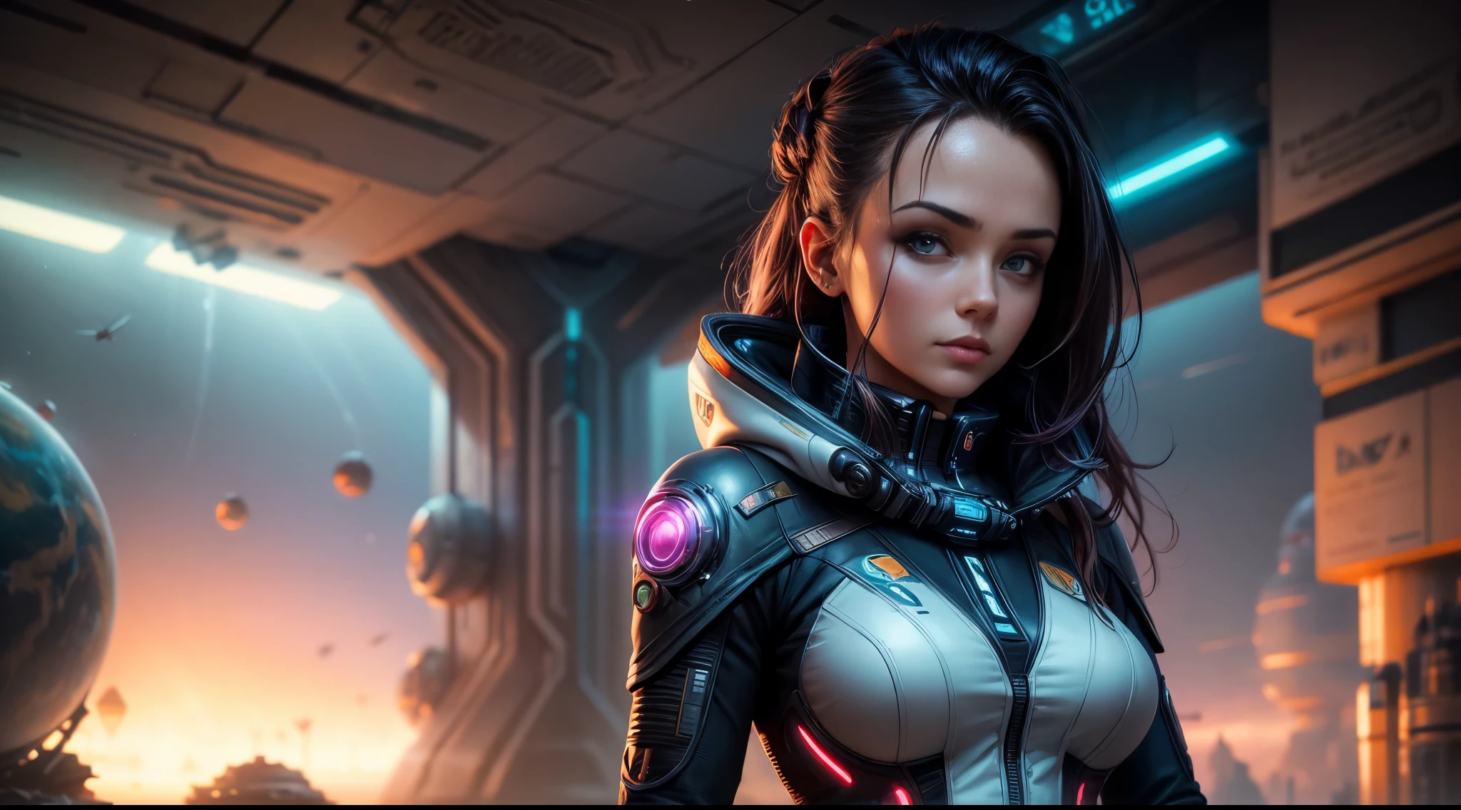 a woman in a futuristic suit standing in front of a planet, cyberpunk art inspired by Marek Okon, cgsociety contest winner, fantasy art, wojtek fus, beautiful sci fi art, portrait anime space cadet girl, scifi woman, cyborg goddess in cosmos, epic sci - fi character art, epic sci-fi character art, artgerm julie bell beeple