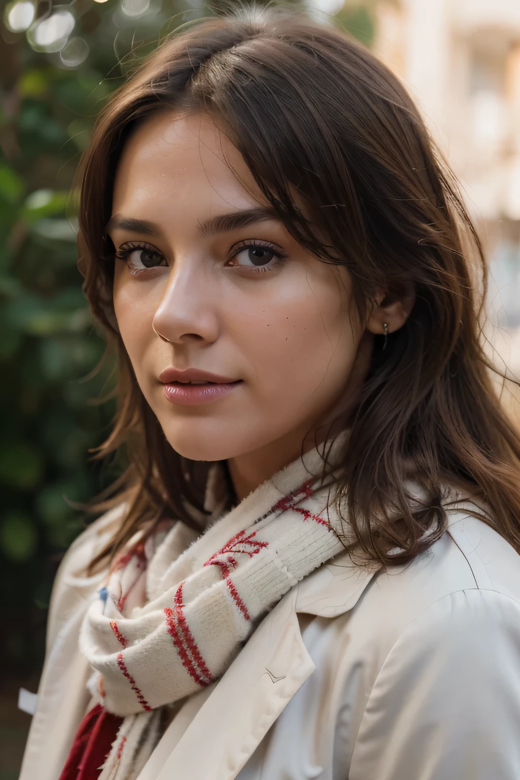 1 Woman, (Realstic:1), Content, fully body portrait , 24 year old, ((face, happy)), stunning RAW , the beautiful face, long brown hair, ultra beautiful woman, miss univers, sharp focus, highly detailed, 8k UHD, natural lighting, octane render, maximum detail, hyper-detailed, hyper-realistic, ultra-detailed, highest detail quality, ultra-realistic, shot with Canon r5 110mm lens f/6. 6 --ar 69:128 --style raw --v 5. 2, (high detail skin: 1.2), 8k uhd, DSLR, soft light, high quality, film grain, 20mp, Fuji XT3 , 80mm, Hasselblad, perfect eyes, solo and her happiness radiates from the image, analog style (gaze towards viewer:1.2) (skin texture, no make-up, natural make-up) (film grain:1. 3, front view, very detailed, natural, high resolution, best quality, intricate detail, very detailed, detailed skin, realistic skin texture, texture, detailed eyes, professional, 4k, kodak color vision, extremely detailed, photorealistic, realistic, post-processing, maximum detail, roughness, real life, ultra realistic, photorealism in white coat and red scarf around her neck