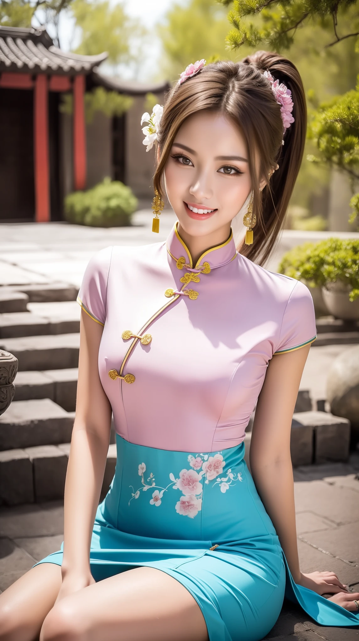 fashion model 18 years old， [[[[close up]]]], [[[[rapeseed]]]], [[[[shoulder]]]], perfect eyes, perfect iris，perfect lips，perfect teeth，perfect skin，fair skin，high dynamic range，movie girl，(delicated face)，(Highly defined faces)，((Pink Chinese cheongsam)))，(((Ancient Chinese girly hairstyle)))，(((exposed)))，(((Big breasts)))，（(((Ancient Chinese courtyard in the background)))，((legs apart))，(Lush greenery，flowers bloom)，((A smile of excitement and satisfaction on his face))，((Sexy and charming expression))，((looking at the audience))，4K Ultra HD, ultra high resolution, (realistically: 1.4), best quality，tmasterpiece，（pastel colors：1.2)