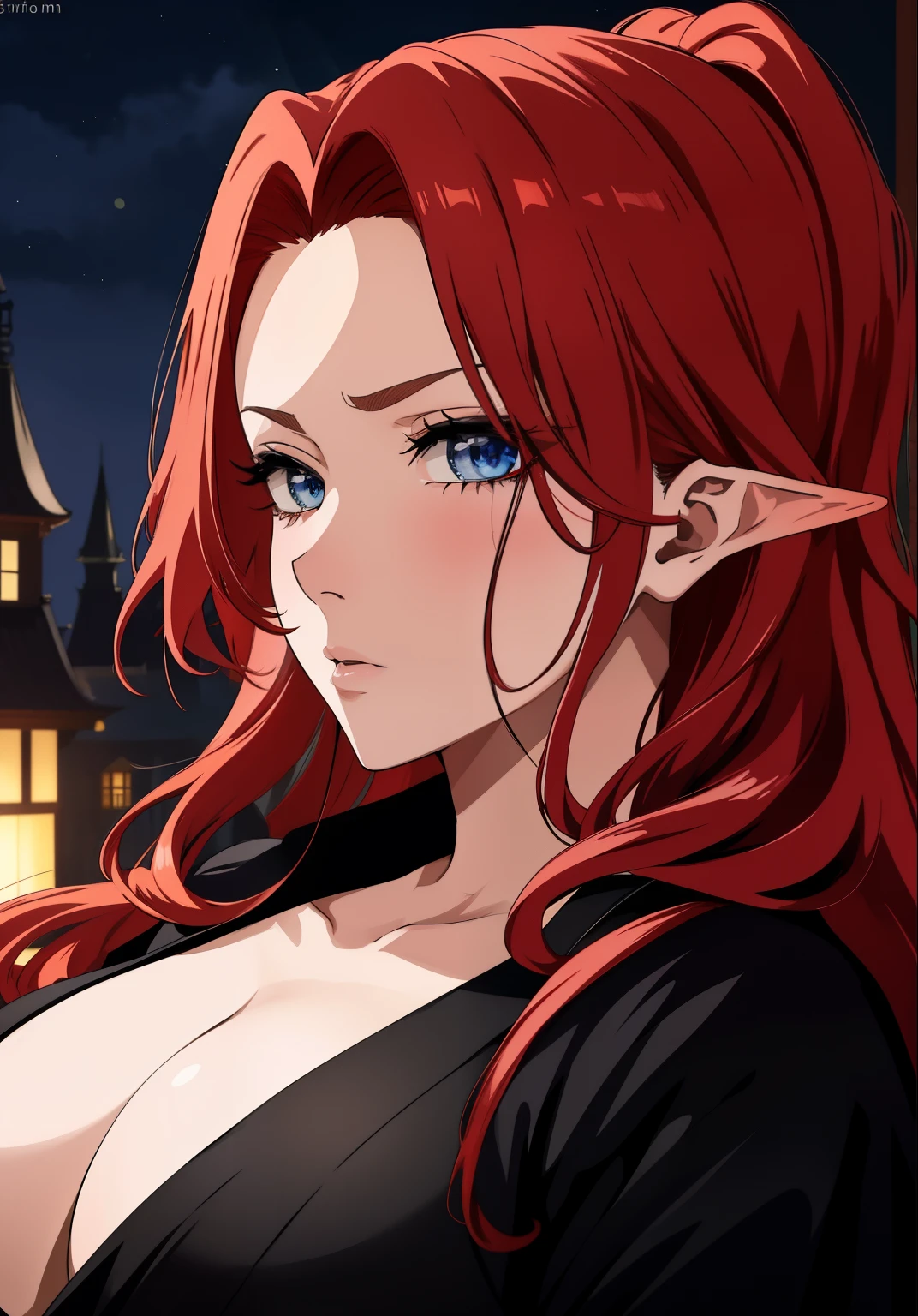 Black kimono, busty, red hair, elf ears,  blue eyes, long hair,  detailed, masterpiece, best quality, 4K, HDR, castle, night, emotionless, close up face