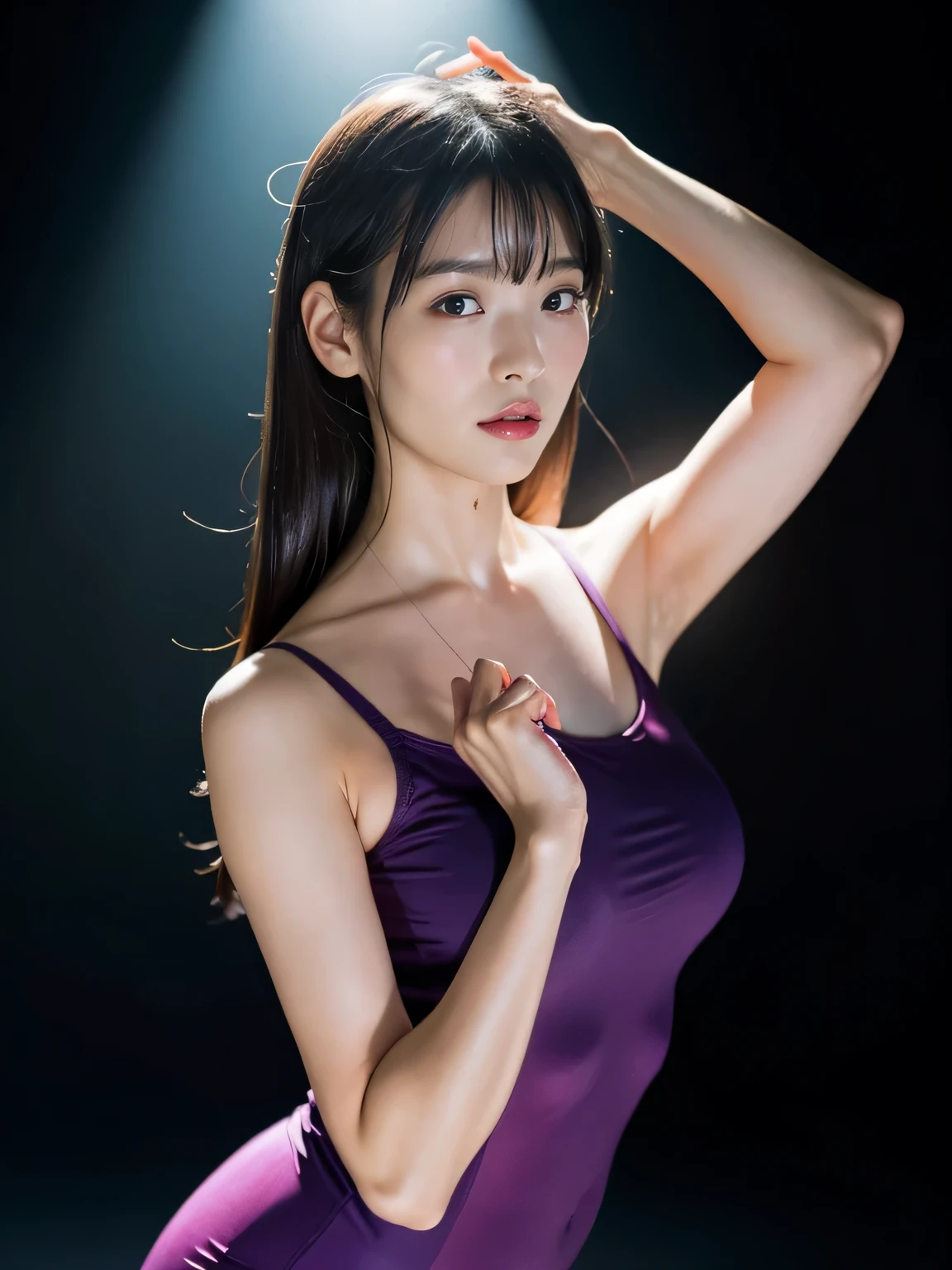 8K quality, masterpiece, live action, realistic human feel, (rendered head to toe), medium bust, realistic skin texture, natural skin, Japanese woman with long black silky straight hair in short shiny purple one piece camisole dancing against simple black background, bangs, toned body, thin waist, smooth skin, glossy skin, wet skin, ray tracing, cinematic lighting, backlit