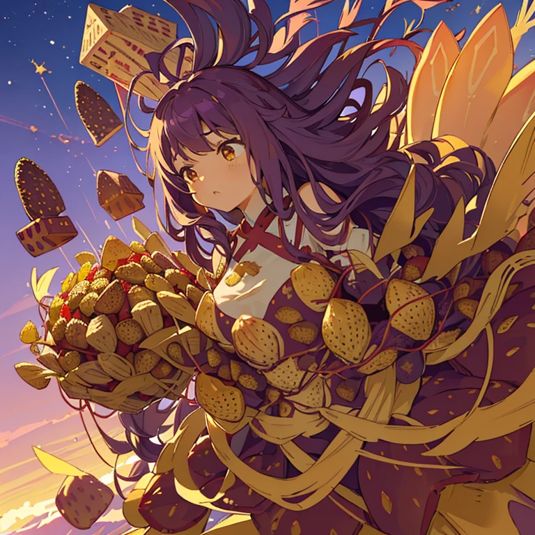 A girl with long afro hair flying low in the air covered in boiling large strawberry cake armor serving a large purple potato jam、amazing dynamism、amazing angle、unstable buoyancy sandstorm、(((Lots of friendly oversized dried fruit cubes chase you in evenly spaced floating flight)))、((surround each other'extra large lattice branches))、