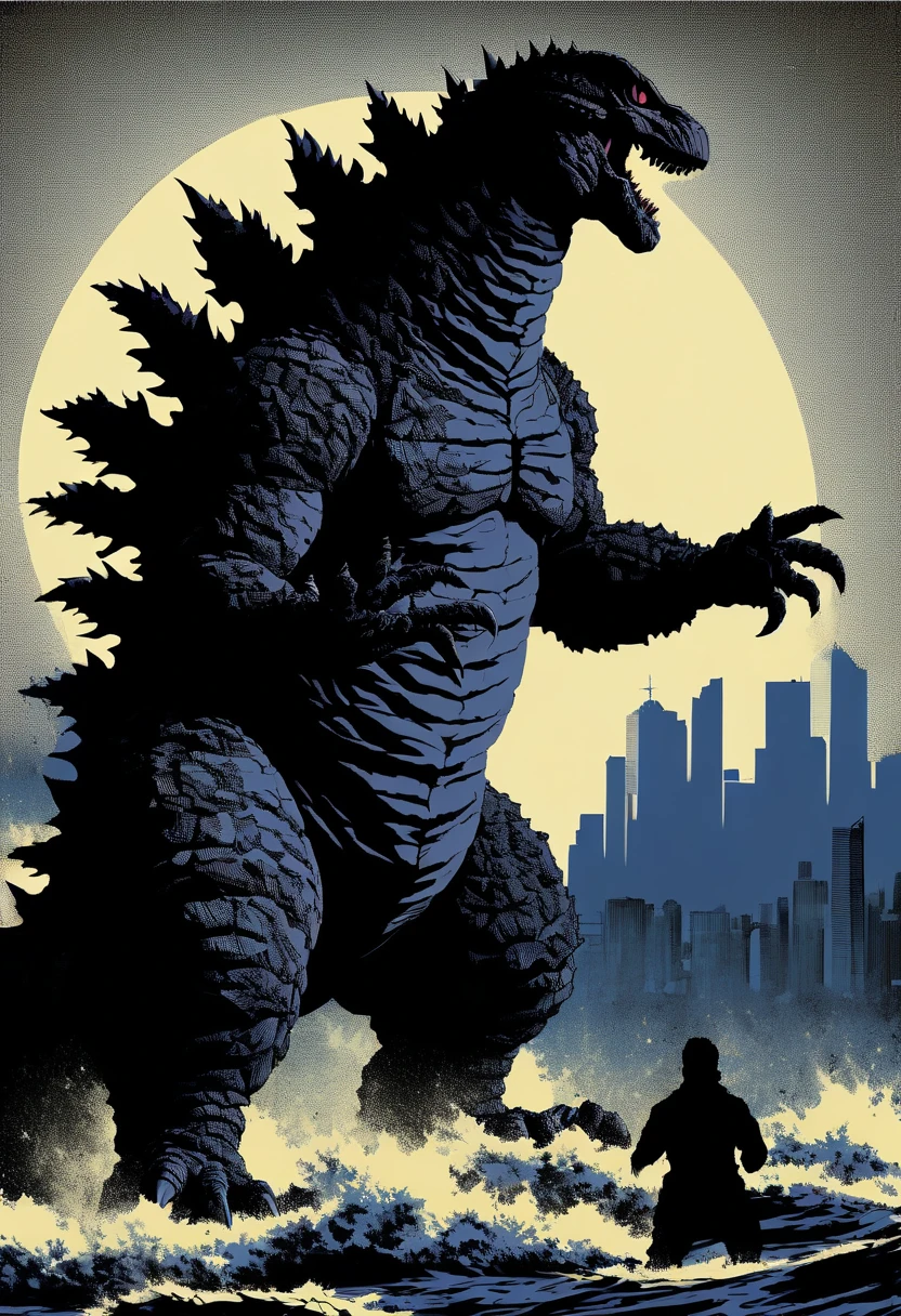 masterpiece, best quality, ultra quality, high resolution, detailed iris, huge godzilla, silhouette, (((silhouette art)))