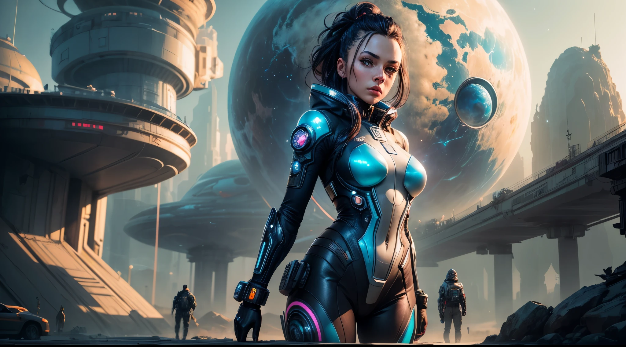 a woman in a futuristic suit standing in front of a planet, wojtek fus, beautiful sci fi art, portrait anime space cadet girl, scifi woman, cyborg goddess in cosmos, epic sci-fi character art, epic sci - fi character art, artgerm julie bell beeple, sci-fi fantasy art, dreamy cyberpunk girl, epic scifi character art